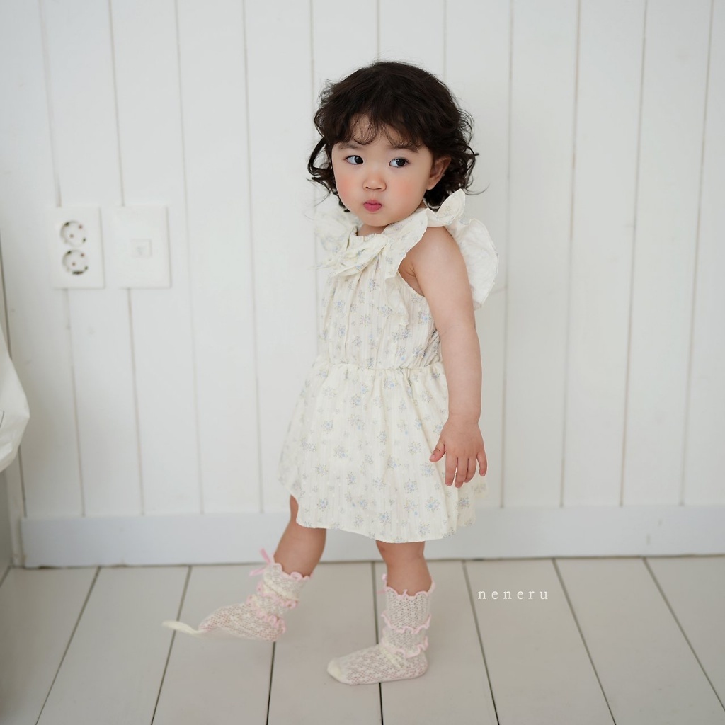正韓夏neneru 嫩嬰米白碎花大蝴蝶結包屁洋裝