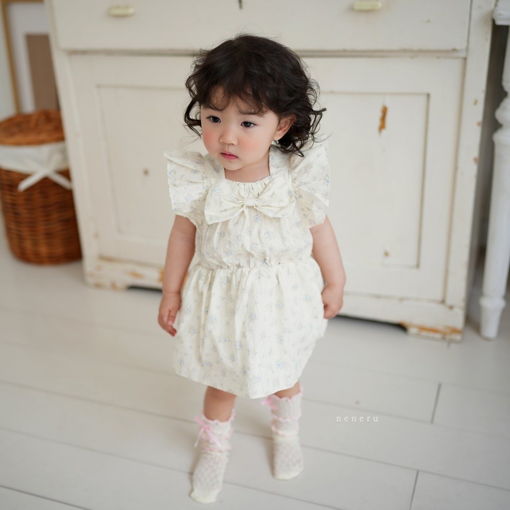正韓夏neneru 嫩嬰米白碎花大蝴蝶結包屁洋裝