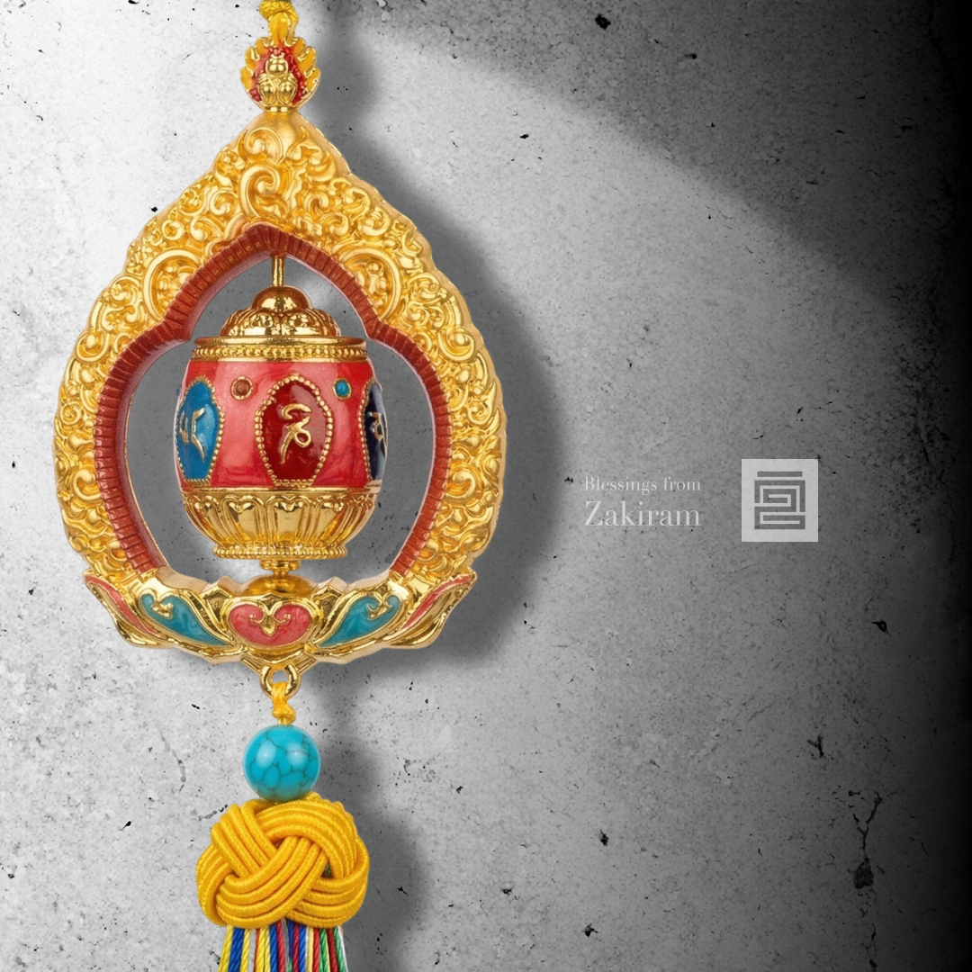 六字真言 轉經輪 車掛（橘紅）