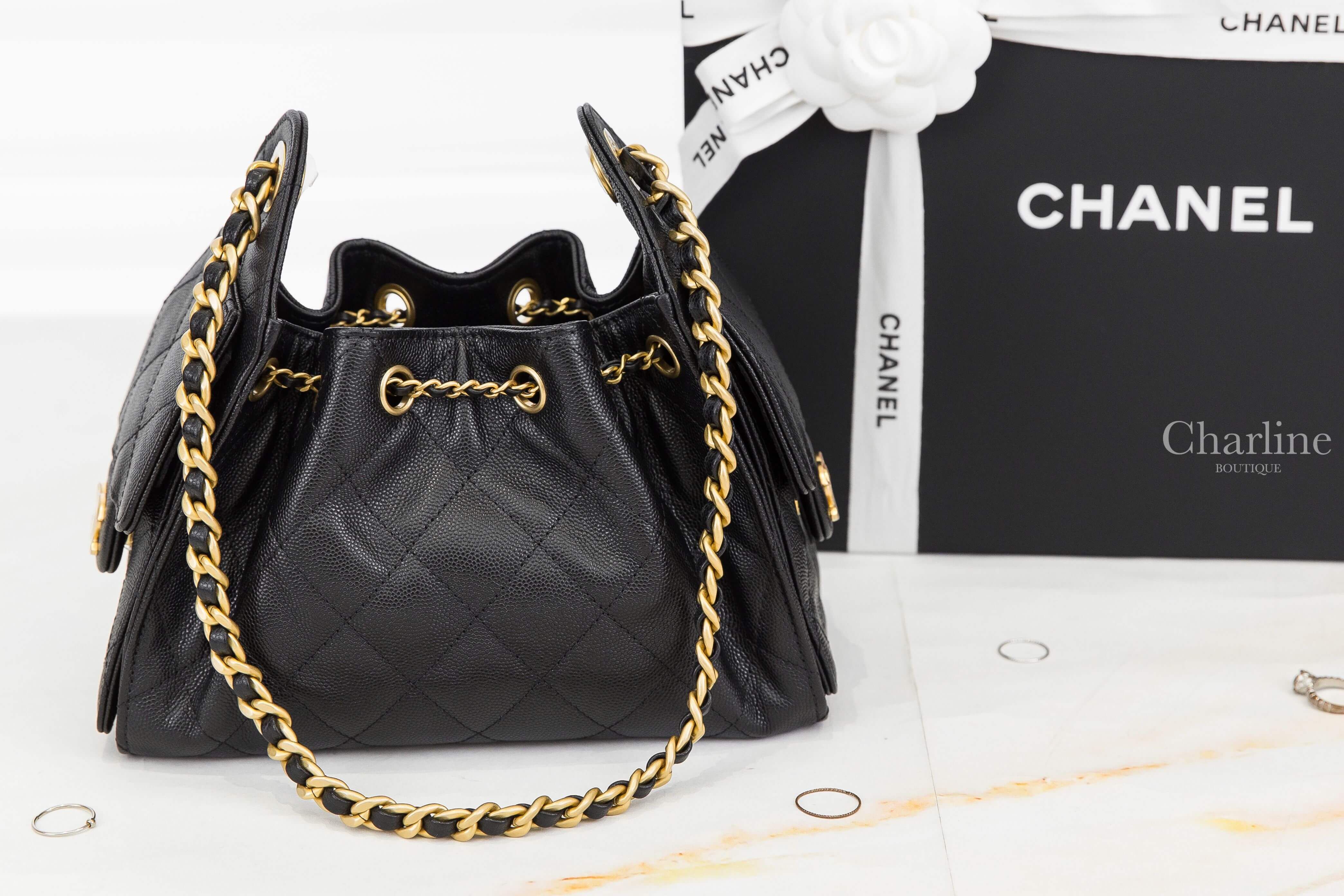Chanel Chanel 25 Mini Handbag 黑色金CC金鏈荔枝牛皮菱格紋側邊口袋迷你束口手提肩背包-Charline Boutique 精品代購