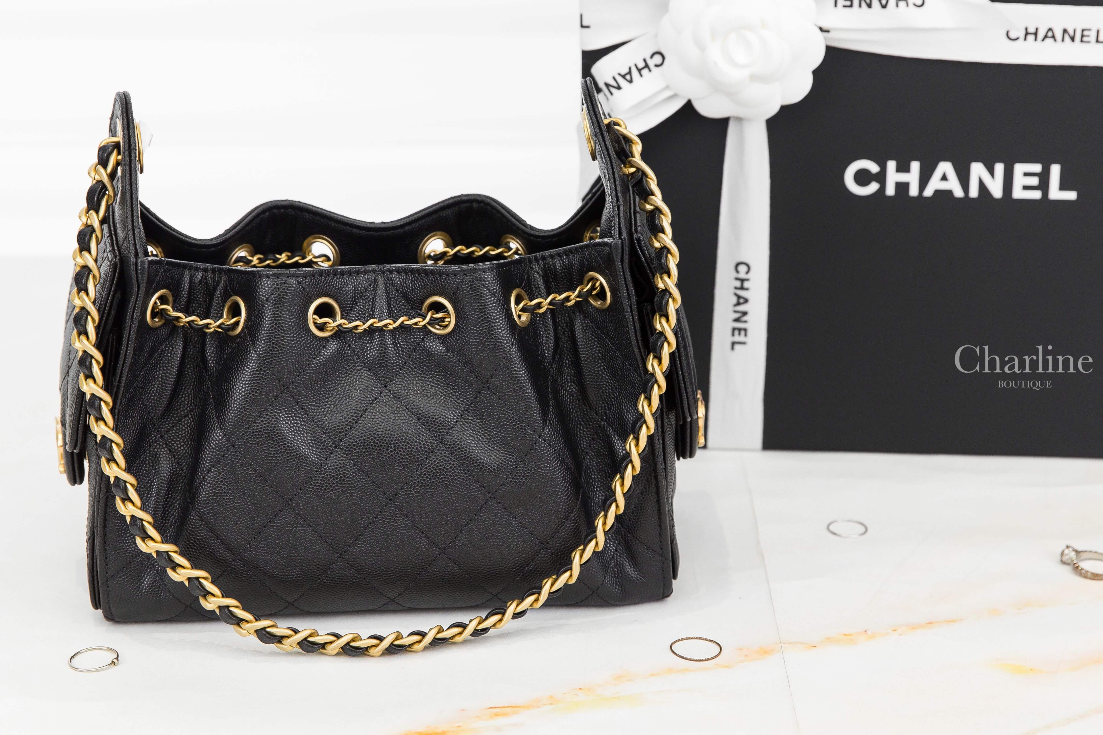 Chanel Chanel 25 Mini Handbag 黑色金CC金鏈荔枝牛皮菱格紋側邊口袋迷你束口手提肩背包-Charline Boutique 精品代購