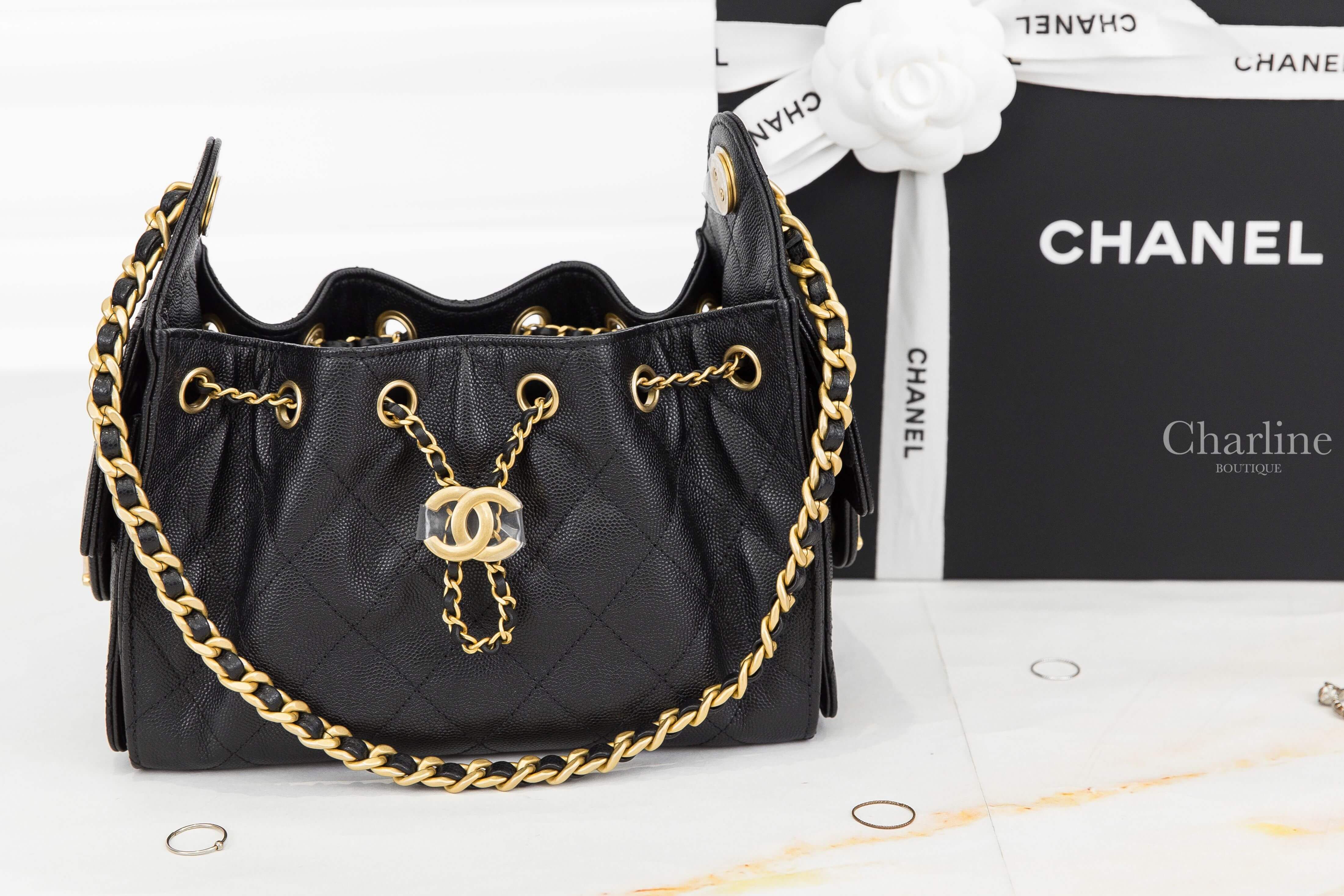 Chanel Chanel 25 Mini Handbag 黑色金CC金鏈荔枝牛皮菱格紋側邊口袋迷你束口手提肩背包-Charline Boutique 精品代購
