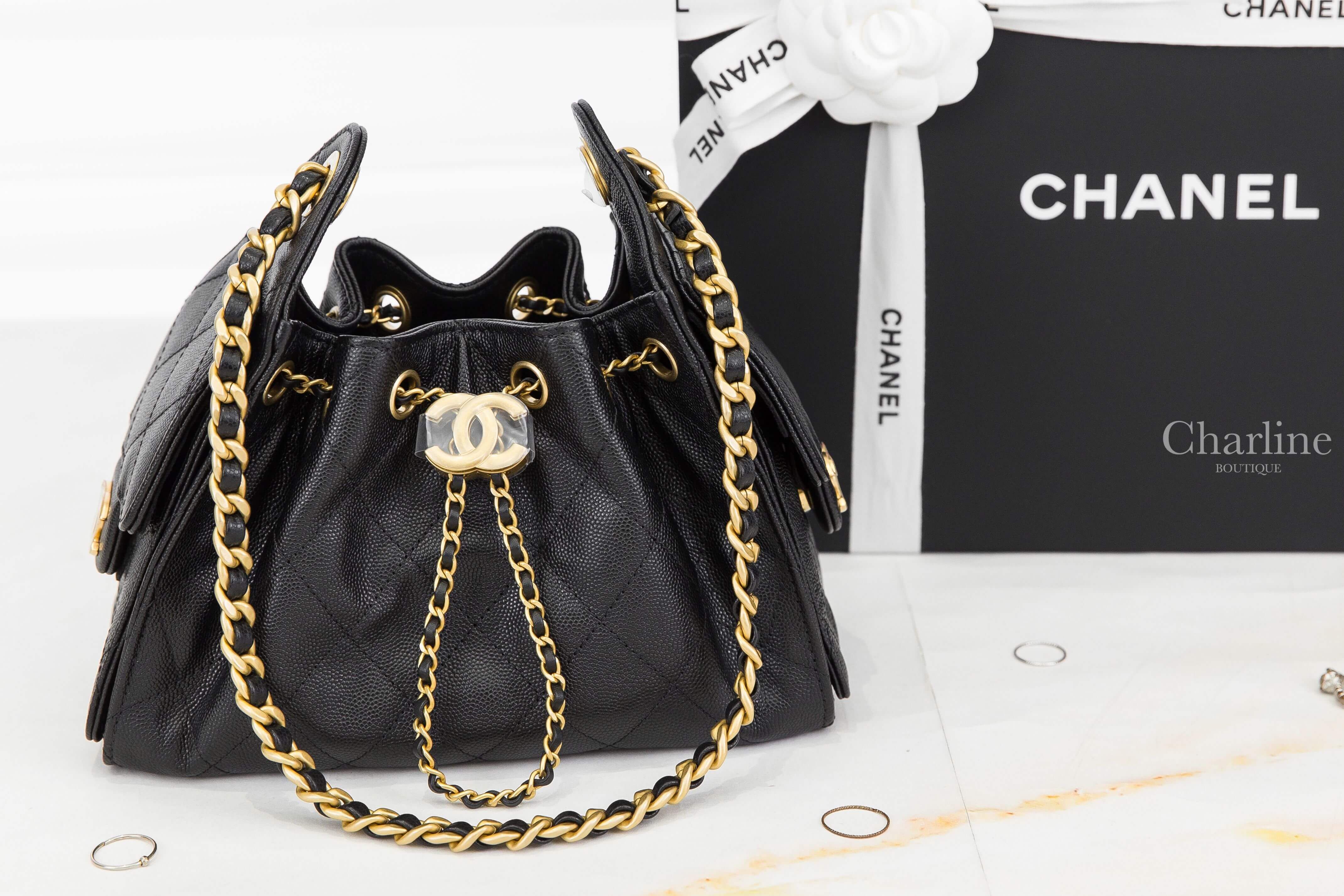 Chanel Chanel 25 Mini Handbag 黑色金CC金鏈荔枝牛皮菱格紋側邊口袋迷你束口手提肩背包-Charline Boutique 精品代購