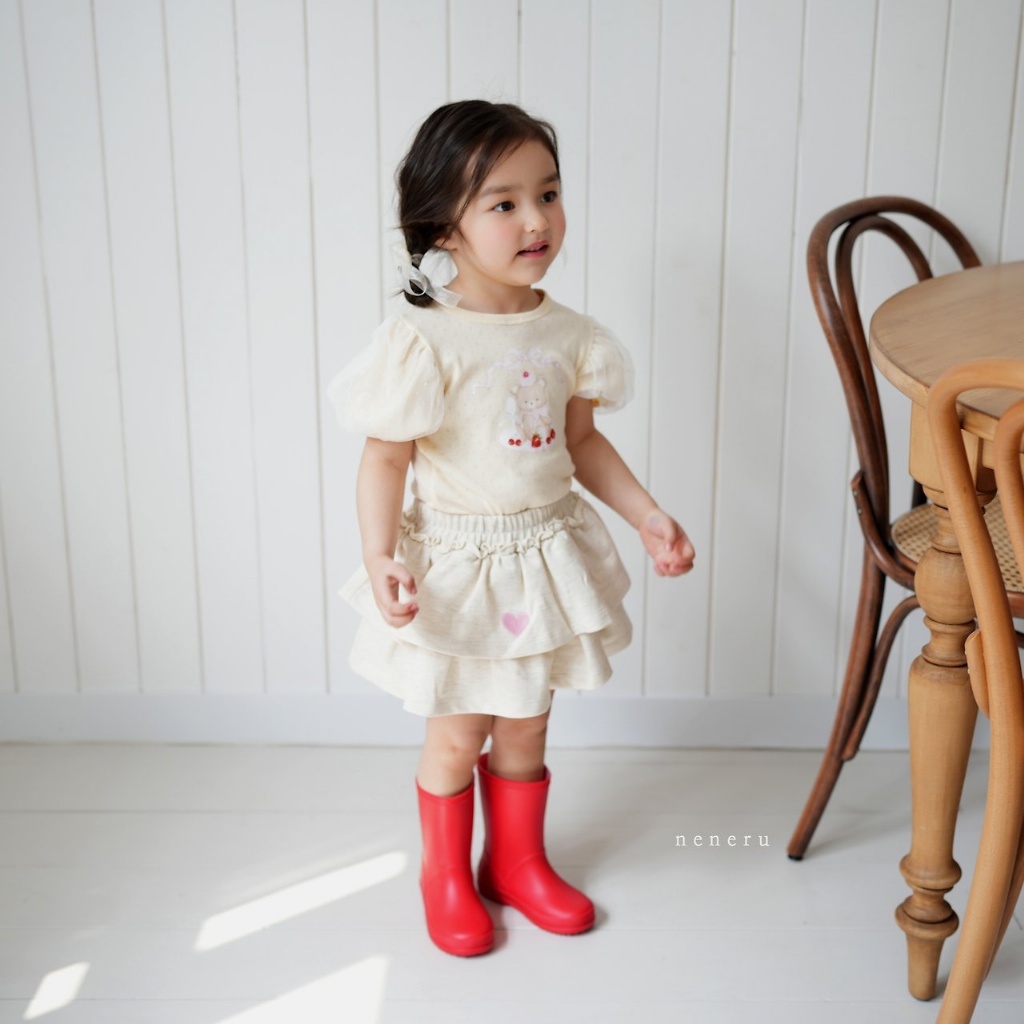 正韓夏neneru 兩色軟紗花苞袖熊上衣