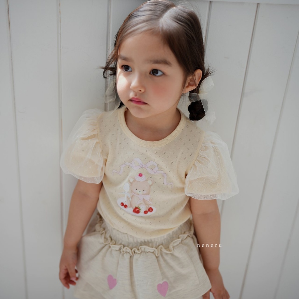 正韓夏neneru 兩色軟紗花苞袖熊上衣