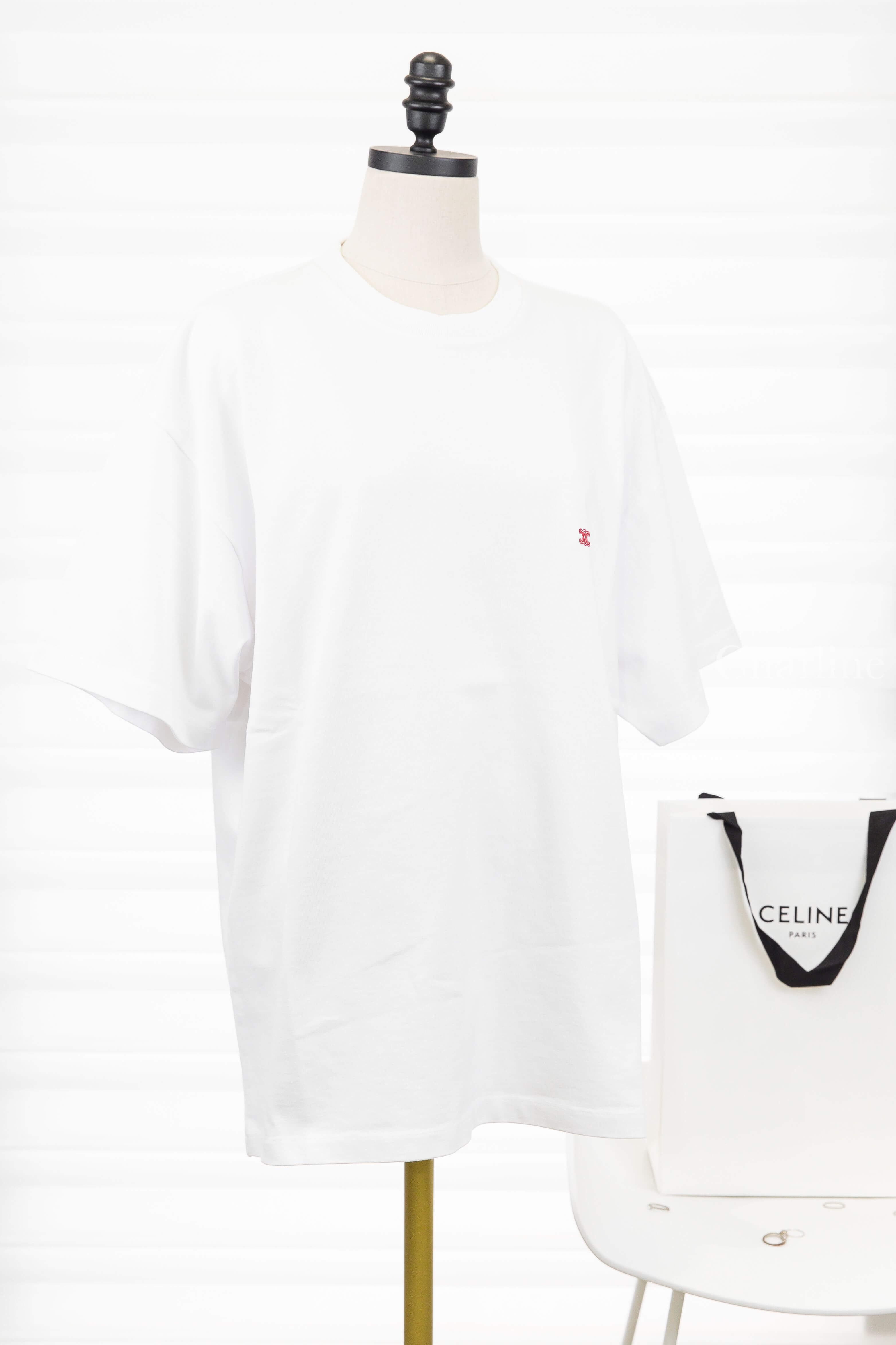 Celine Loose T-shirt In Cotton Jersey 光學白刺繡櫻桃紅凱旋門短袖棉T-Charline Boutique 精品代購