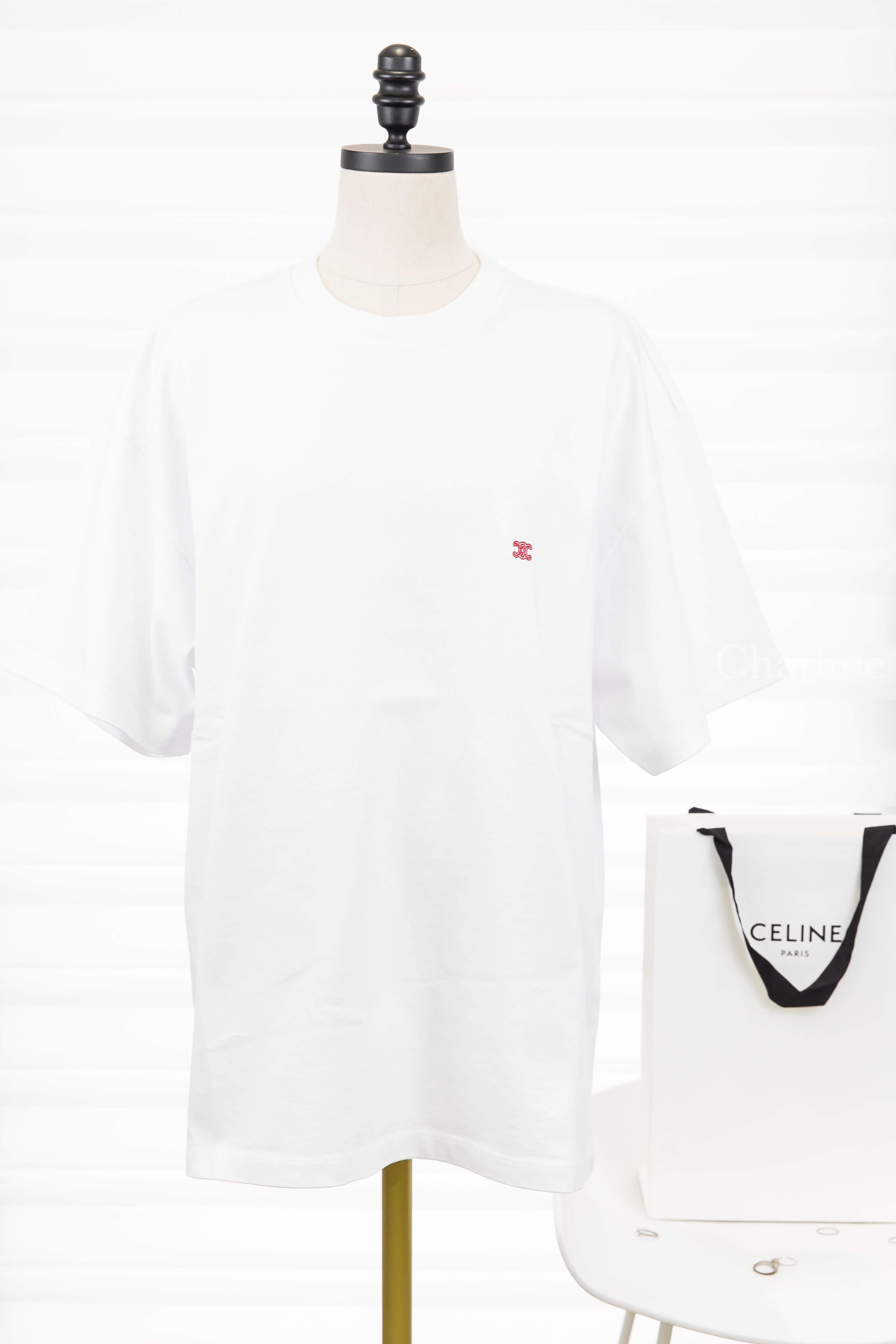 Celine Loose T-shirt In Cotton Jersey 光學白刺繡櫻桃紅凱旋門短袖棉T