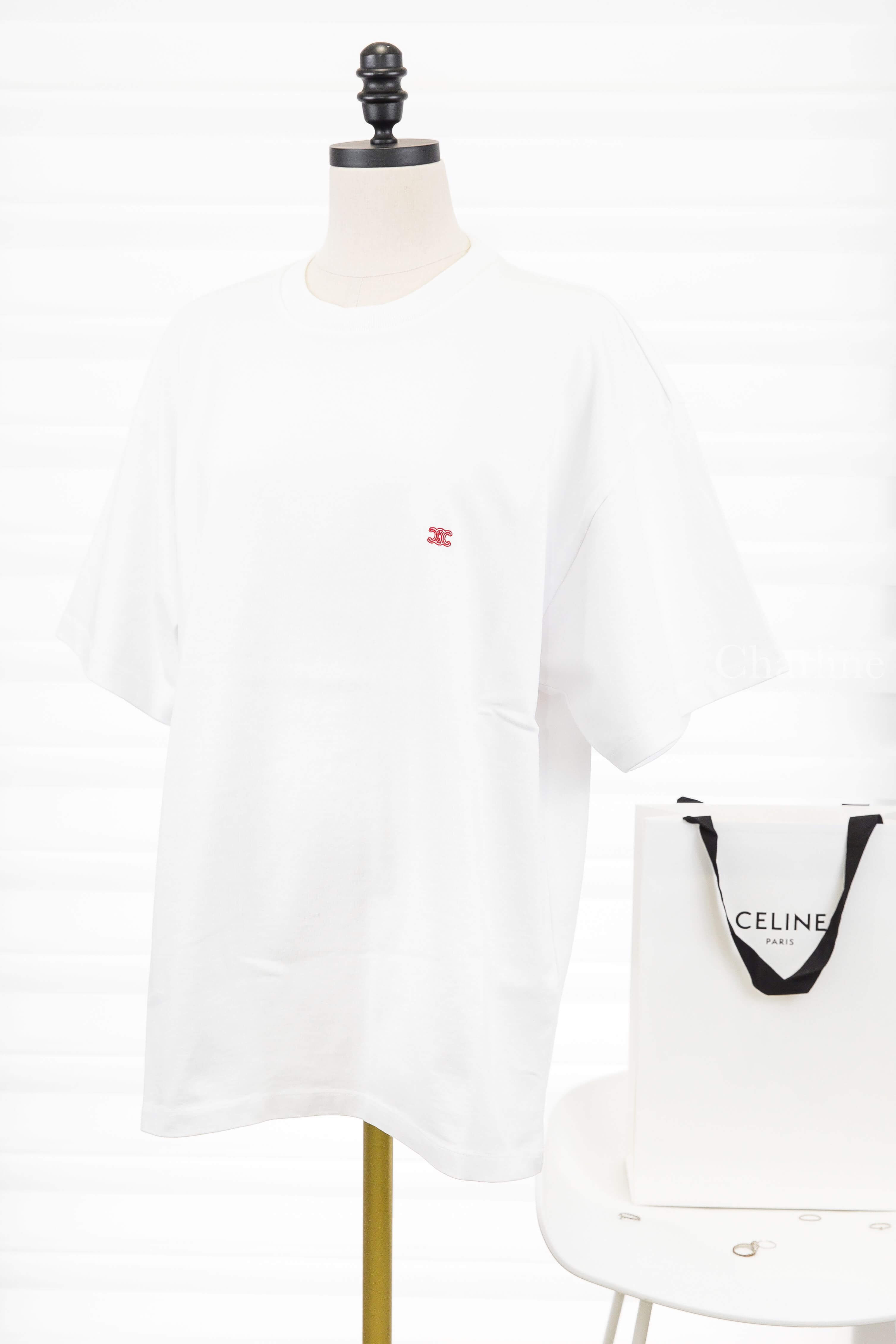 Celine Loose T-shirt In Cotton Jersey 光學白刺繡櫻桃紅凱旋門短袖棉T-Charline Boutique 精品代購