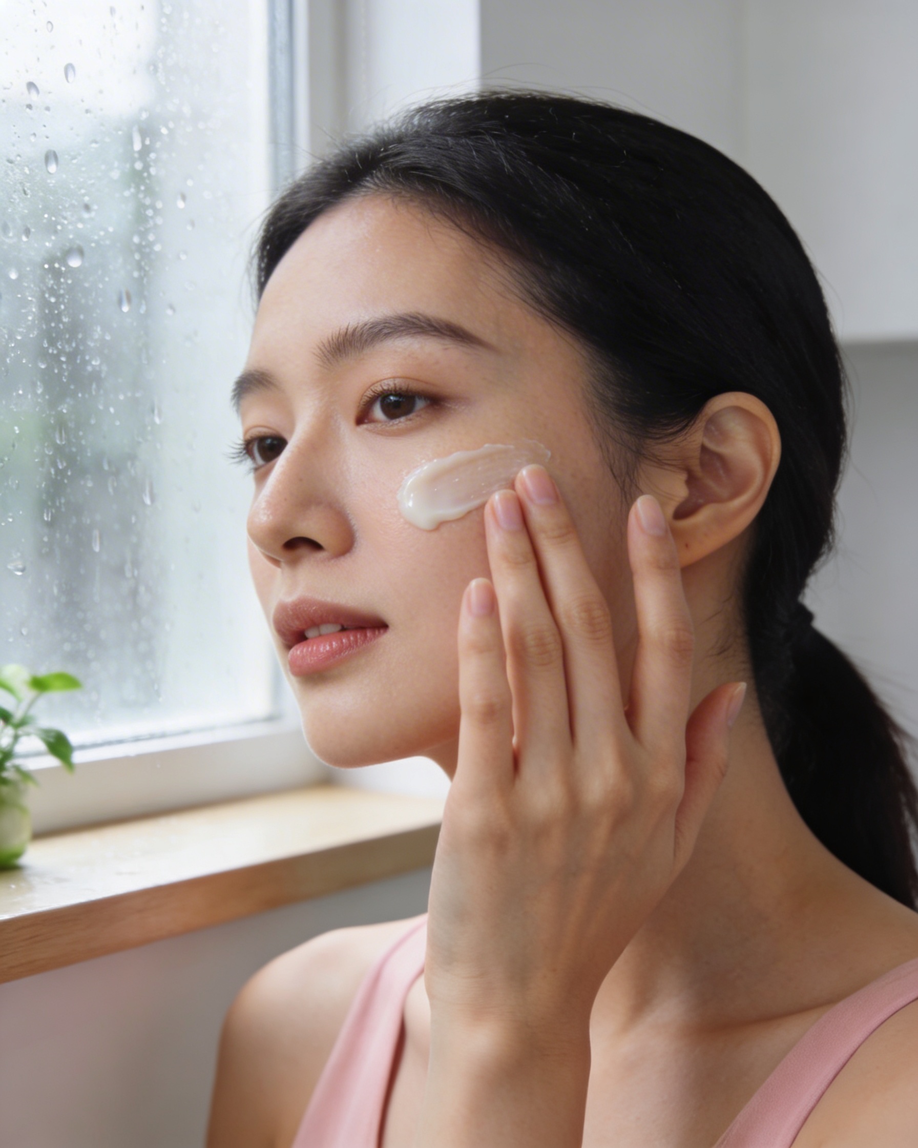 香港雨天窗邊早晨護膚感生活照