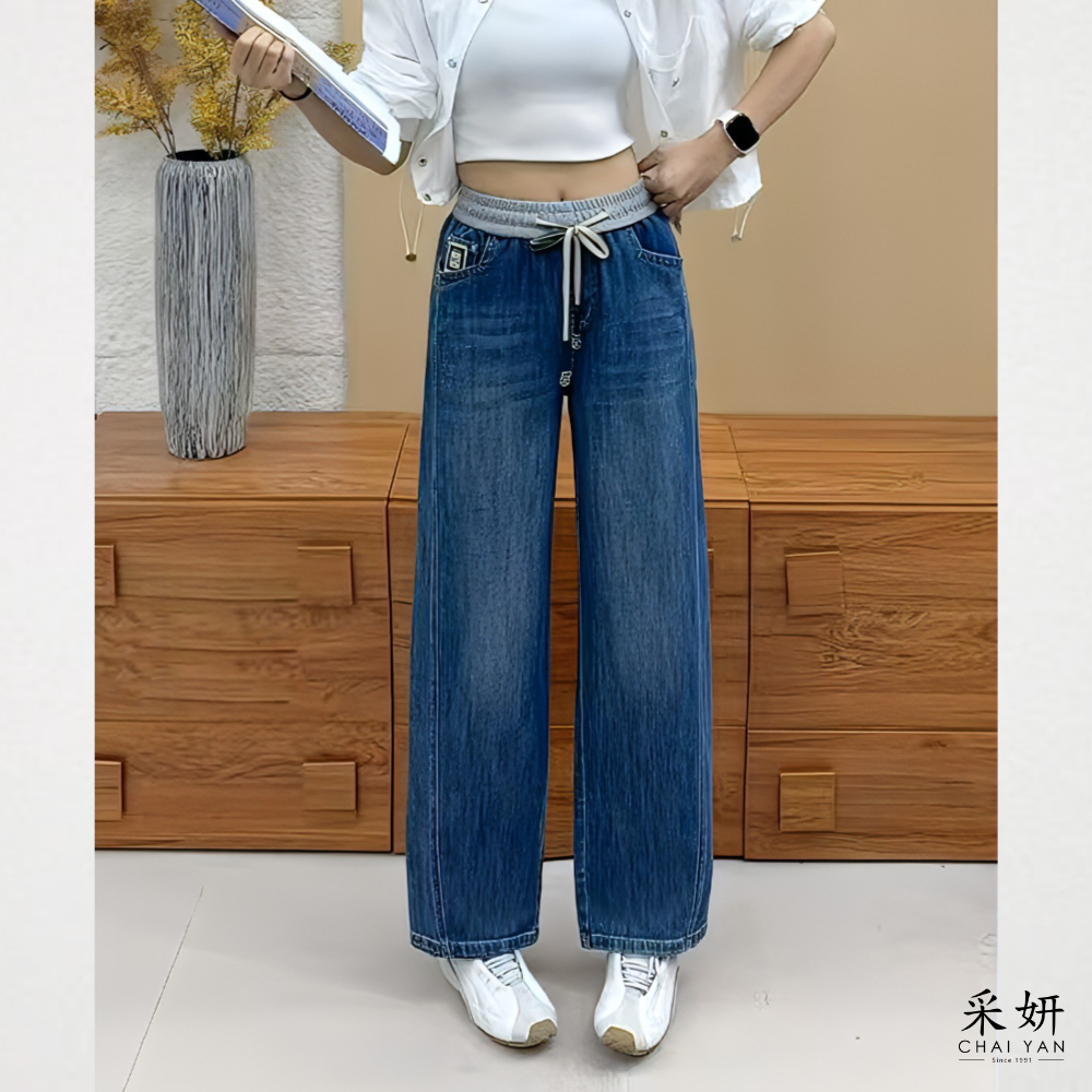 跳色腰頭拉繩直筒牛仔褲