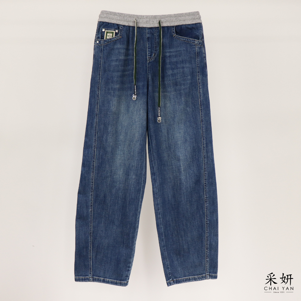 跳色腰頭拉繩直筒牛仔褲