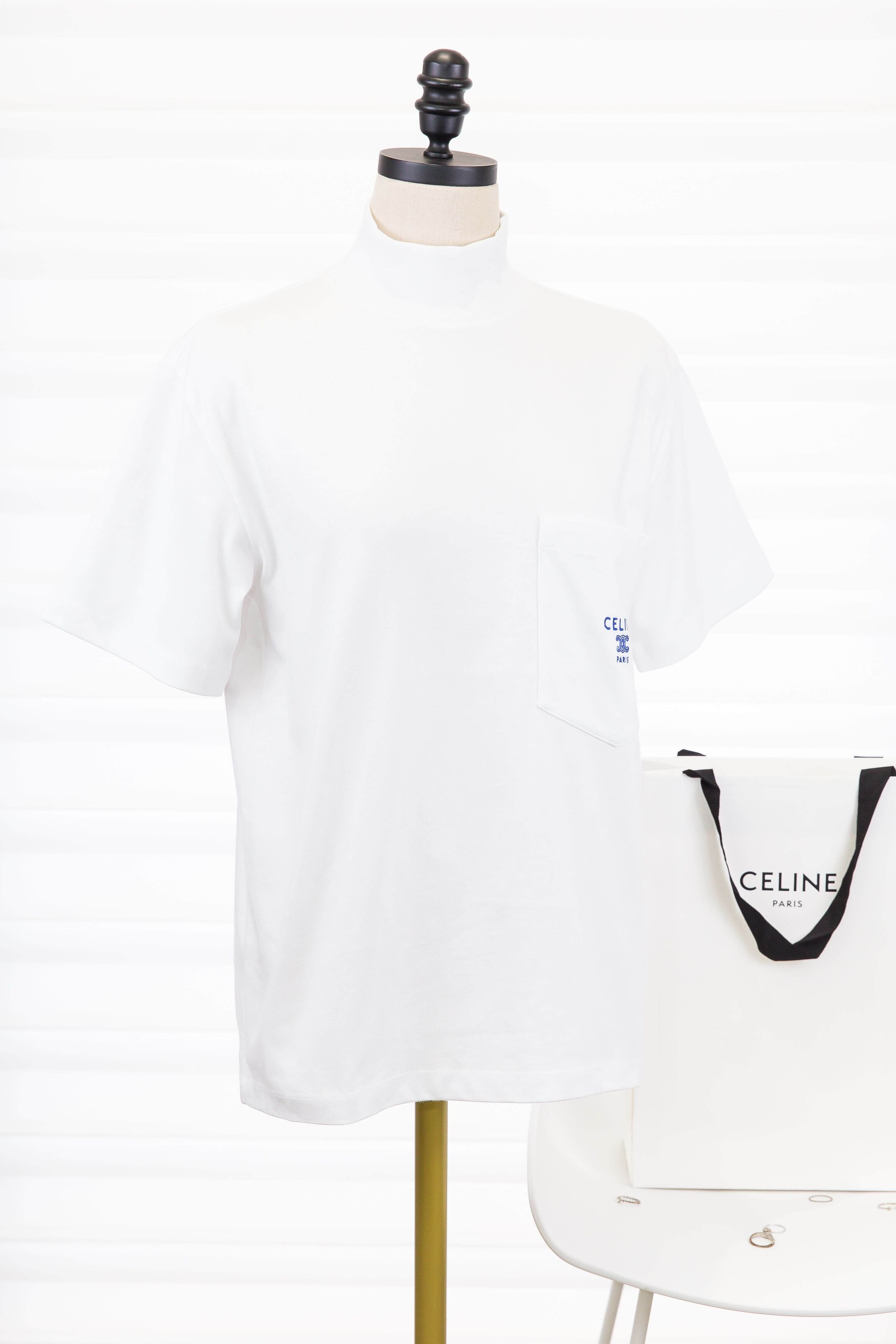 Celine Mock Neck T-shirt In Cotton Jersey 白色刺繡丹寧藍字凱旋門口袋高領短袖棉T-Charline Boutique 精品代購