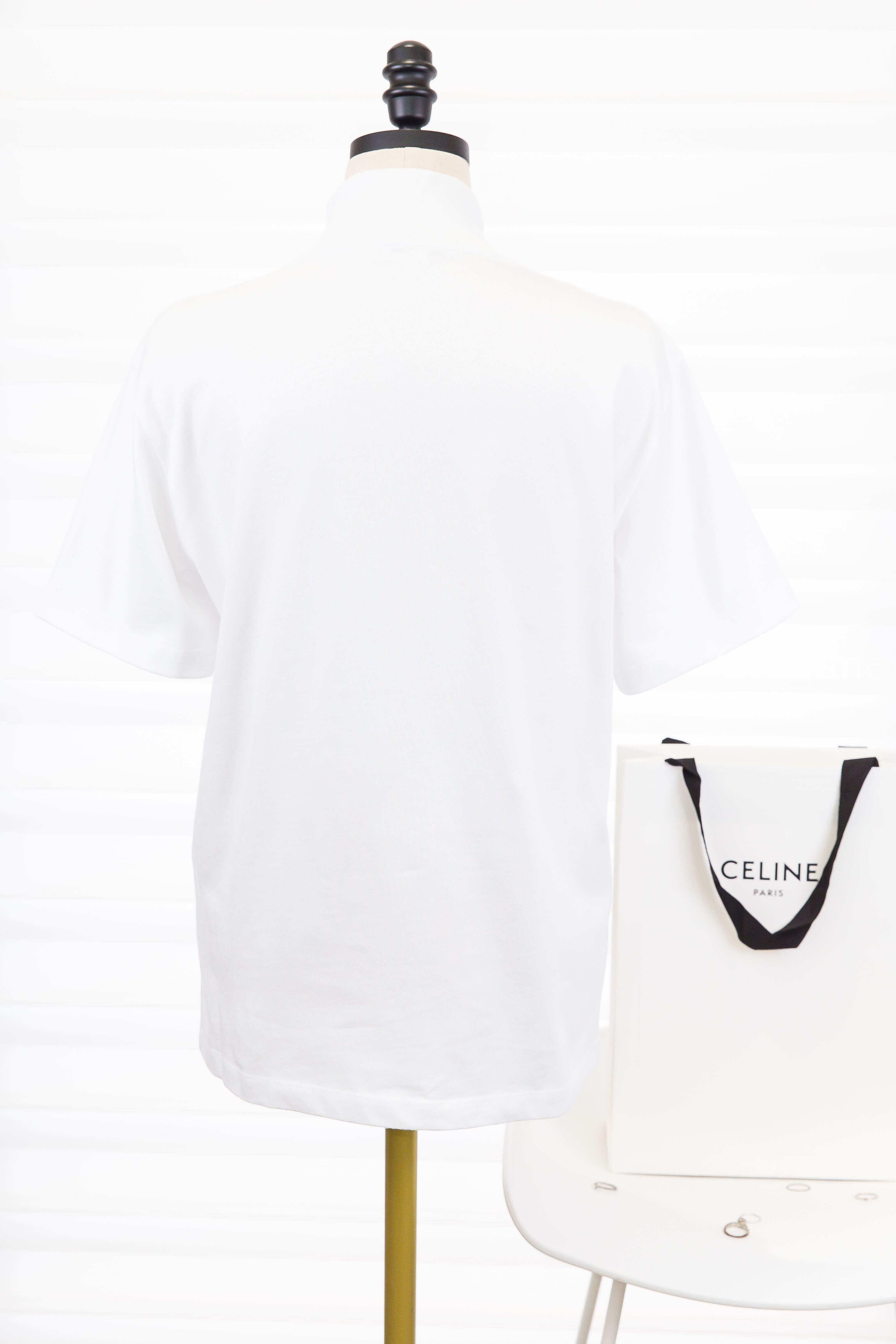 Celine Mock Neck T-shirt In Cotton Jersey 白色刺繡丹寧藍字凱旋門口袋高領短袖棉T-Charline Boutique 精品代購