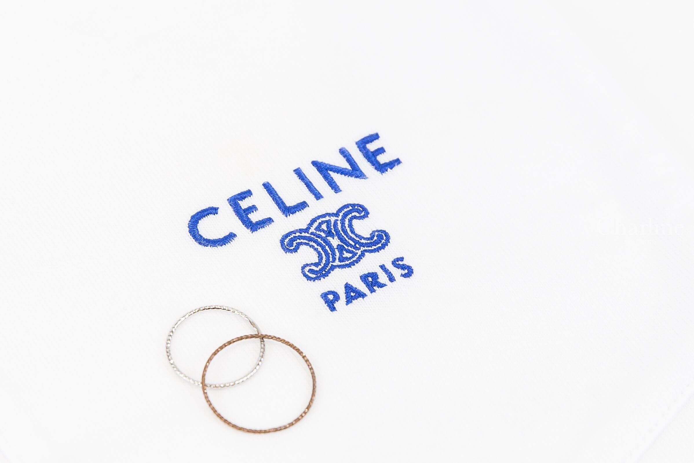Celine Mock Neck T-shirt In Cotton Jersey 白色刺繡丹寧藍字凱旋門口袋高領短袖棉T