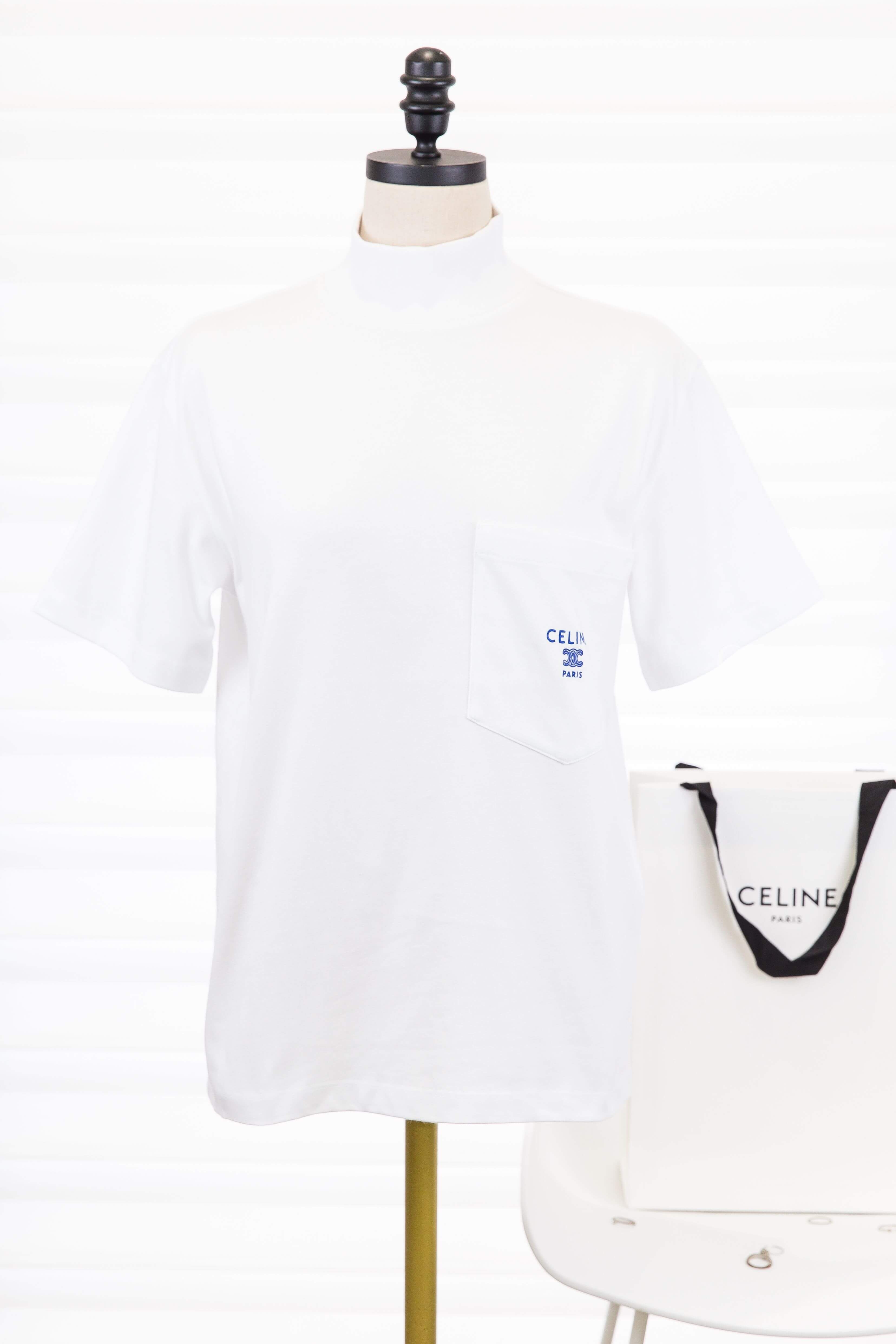 Celine Mock Neck T-shirt In Cotton Jersey 白色刺繡丹寧藍字凱旋門口袋高領短袖棉T