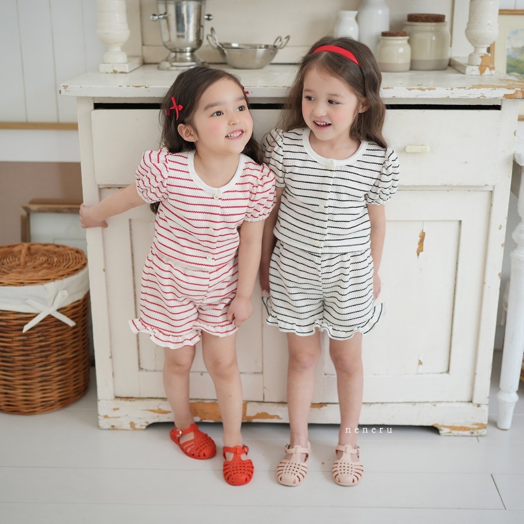 正韓夏neneru 兩色小香感條紋花邊套裝