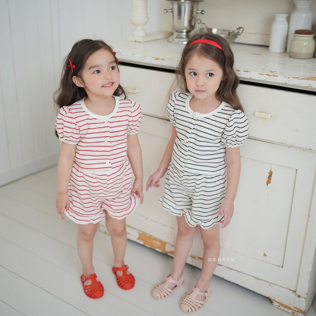 正韓夏neneru 兩色小香感條紋花邊套裝