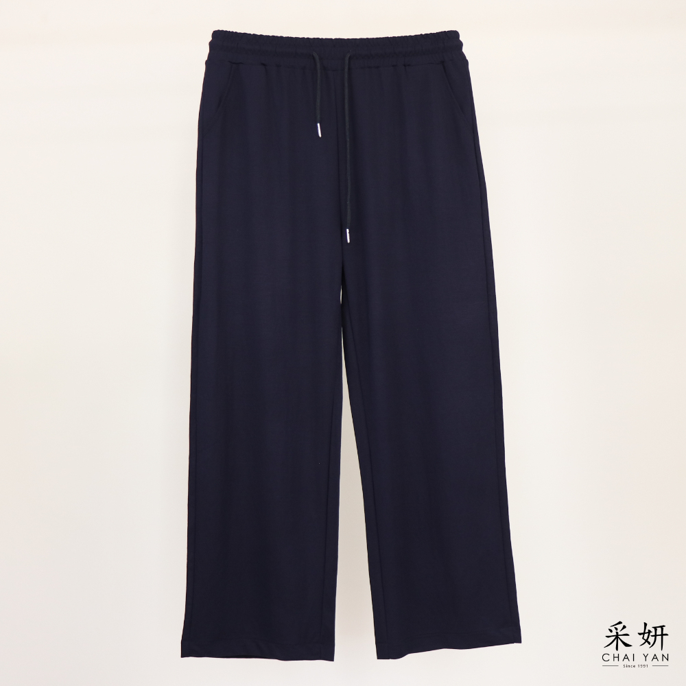 素色拉繩口袋彈力薄直筒長褲