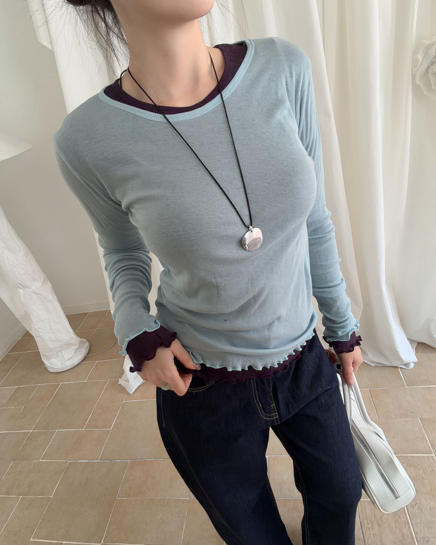 T4012 疊穿！捲邊透膚上衣 / 5 colors