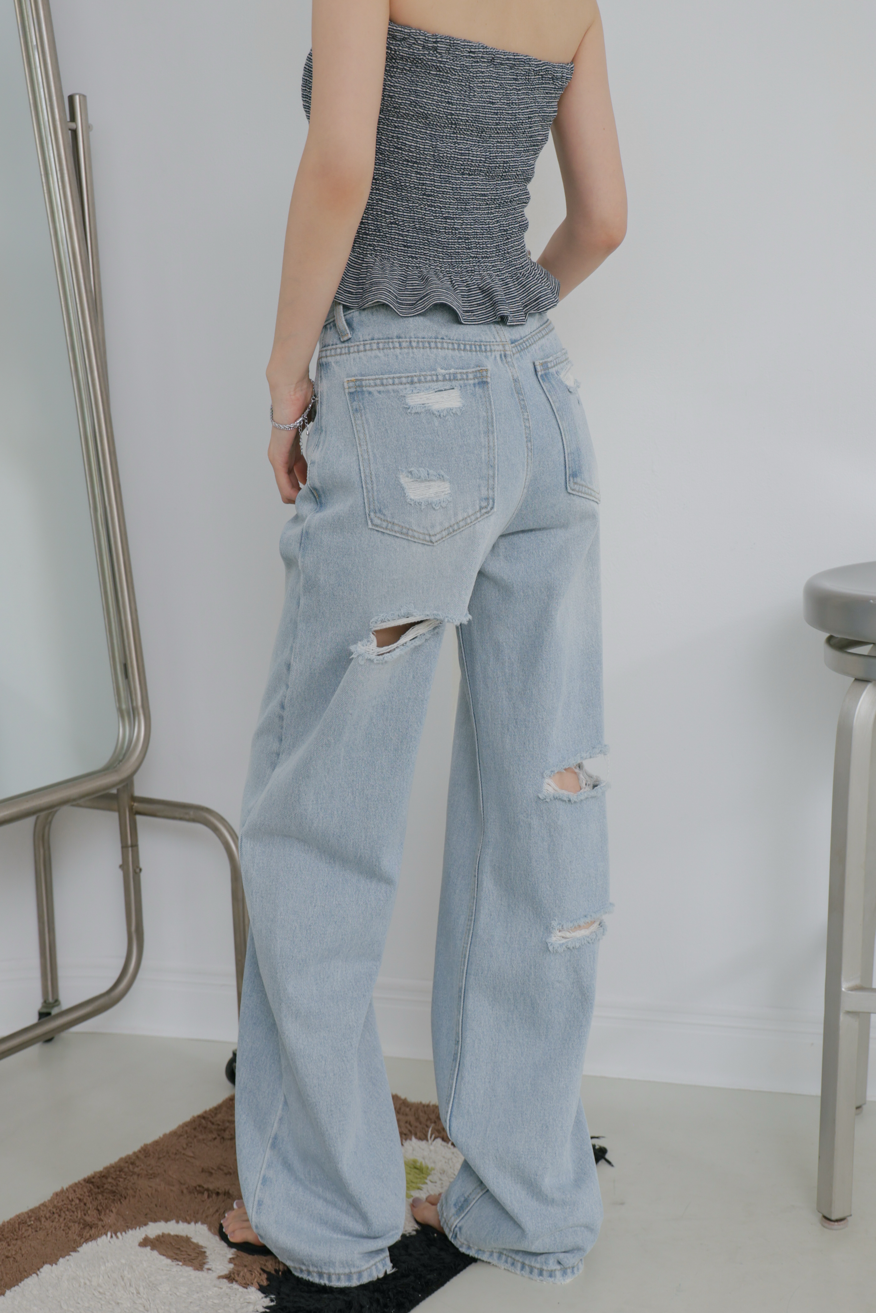 自留款鬆弛後刷破直筒寬褲 P30