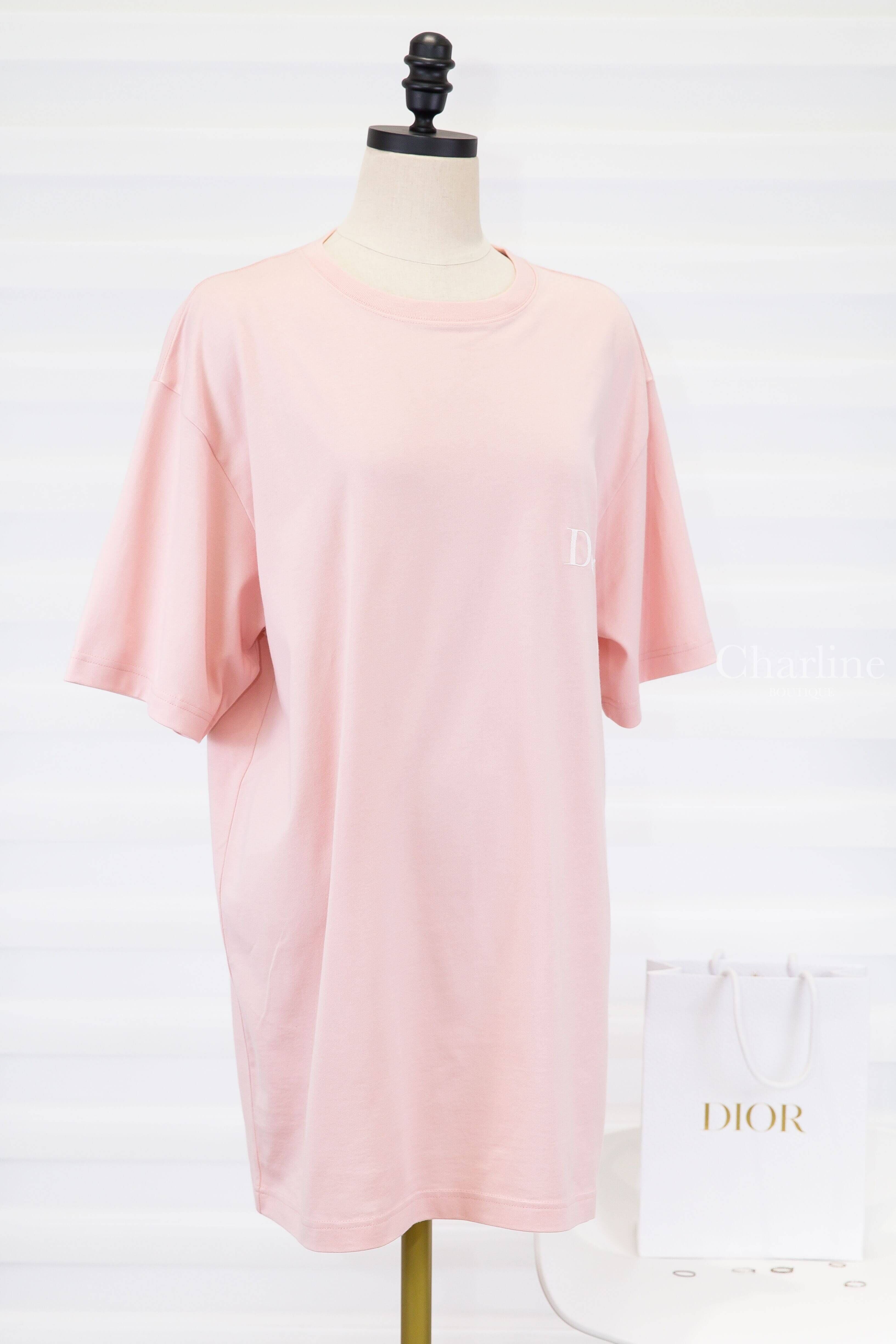 Dior T-shirt With Dior Embroidery, Relaxed Fit 淺粉色刺繡白字棉質短袖上衣-Charline Boutique 精品代購