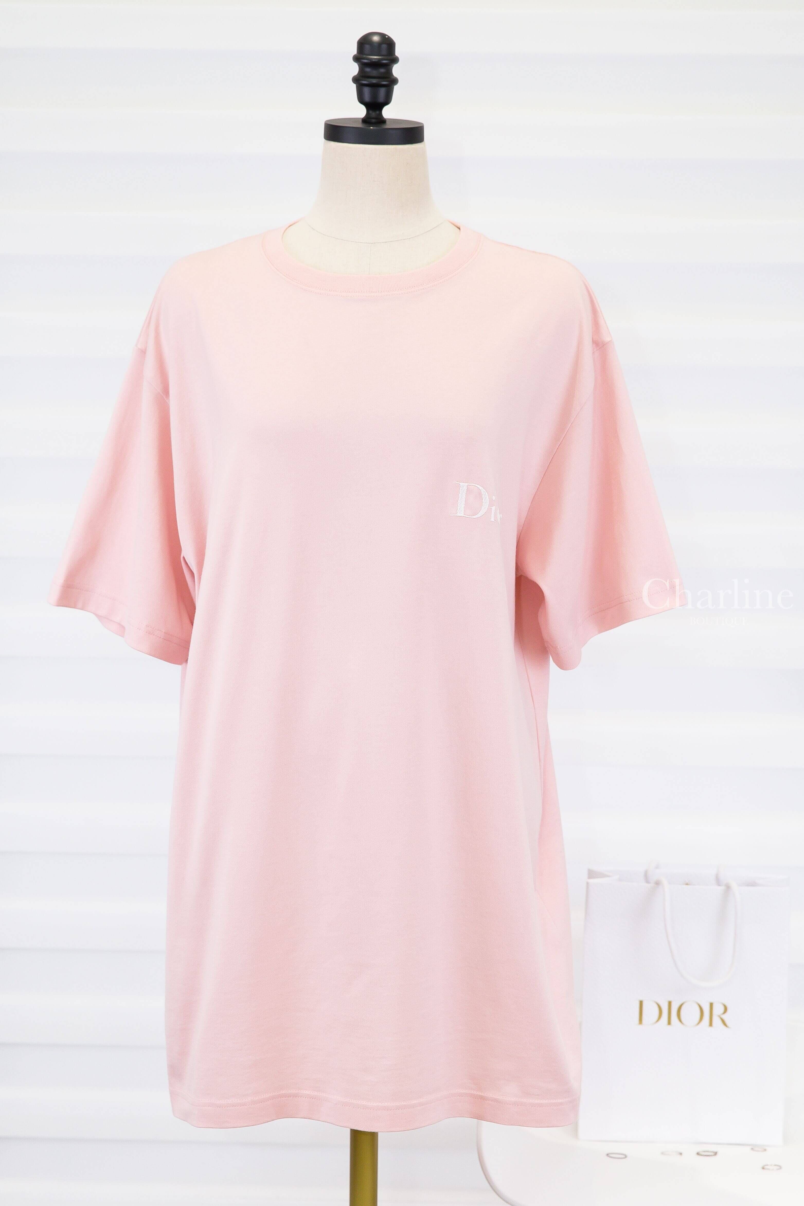 Dior T-shirt With Dior Embroidery, Relaxed Fit 淺粉色刺繡白字棉質短袖上衣-Charline Boutique 精品代購