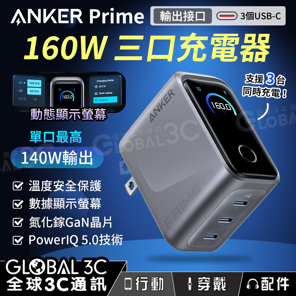 Anker Prime 160W 三口充電器GaN氮化鎵螢幕顯示智能溫控體積小巧筆電