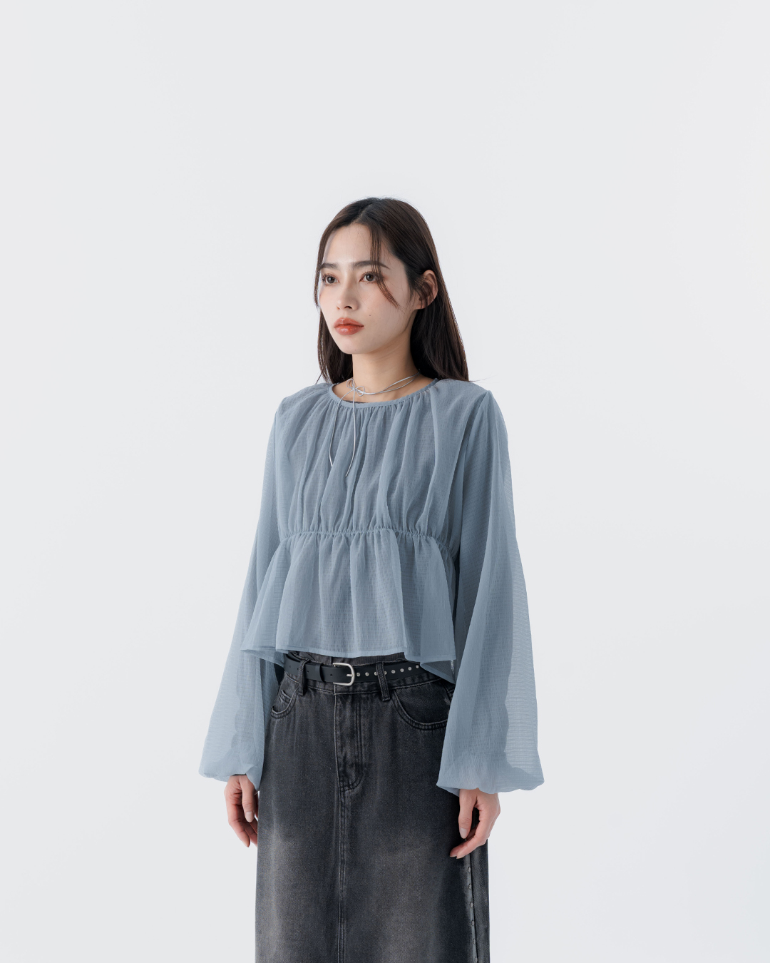 Sheer plaid patterned puff sleeve blouse, available in two colors.【01099472】in stock+pre-order