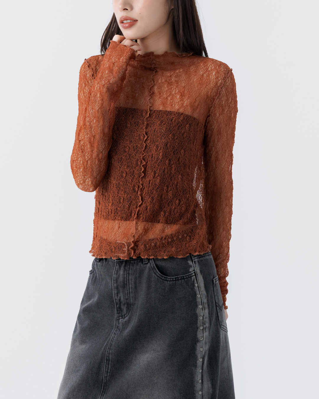 Lace jacquard sheer ruffled long-sleeved top - orange【01099500】in stock+pre-order