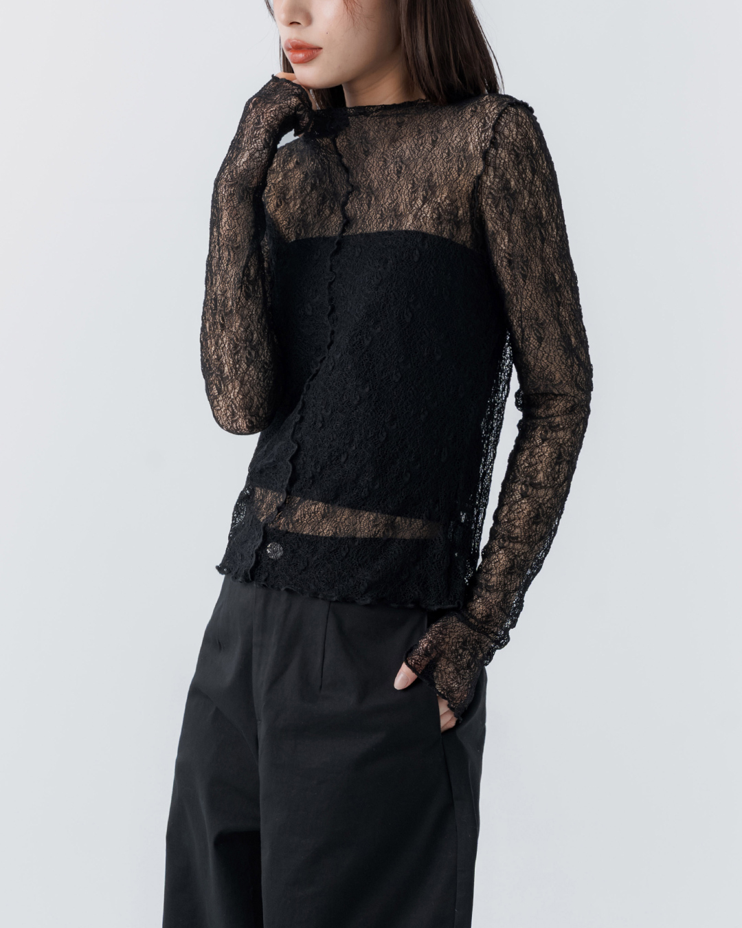Lace jacquard sheer ruffled long-sleeved top - black【01099498】in stock+pre-order