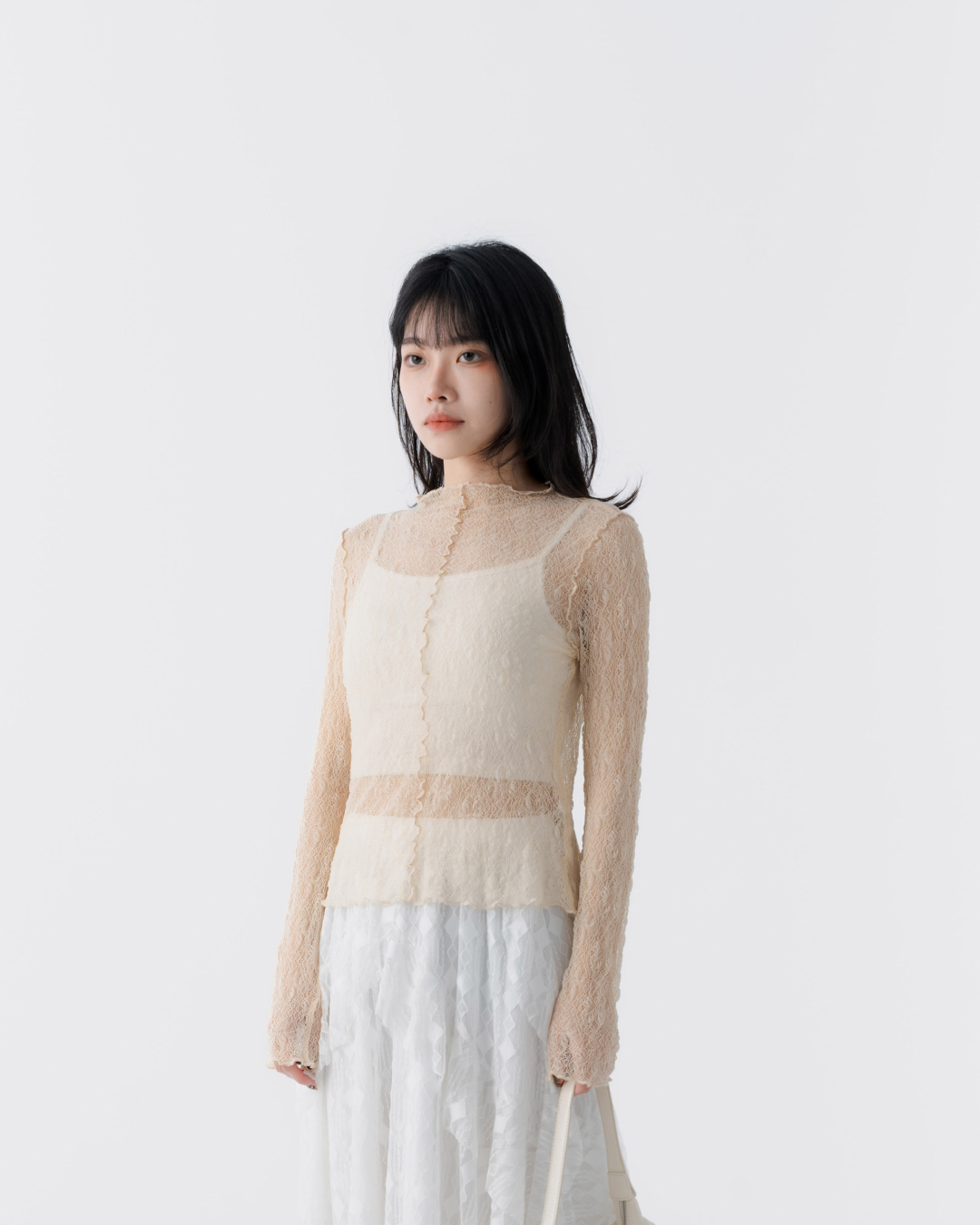 Lace jacquard sheer ruffled long-sleeved top - Apricot【01099499】in stock+pre-order