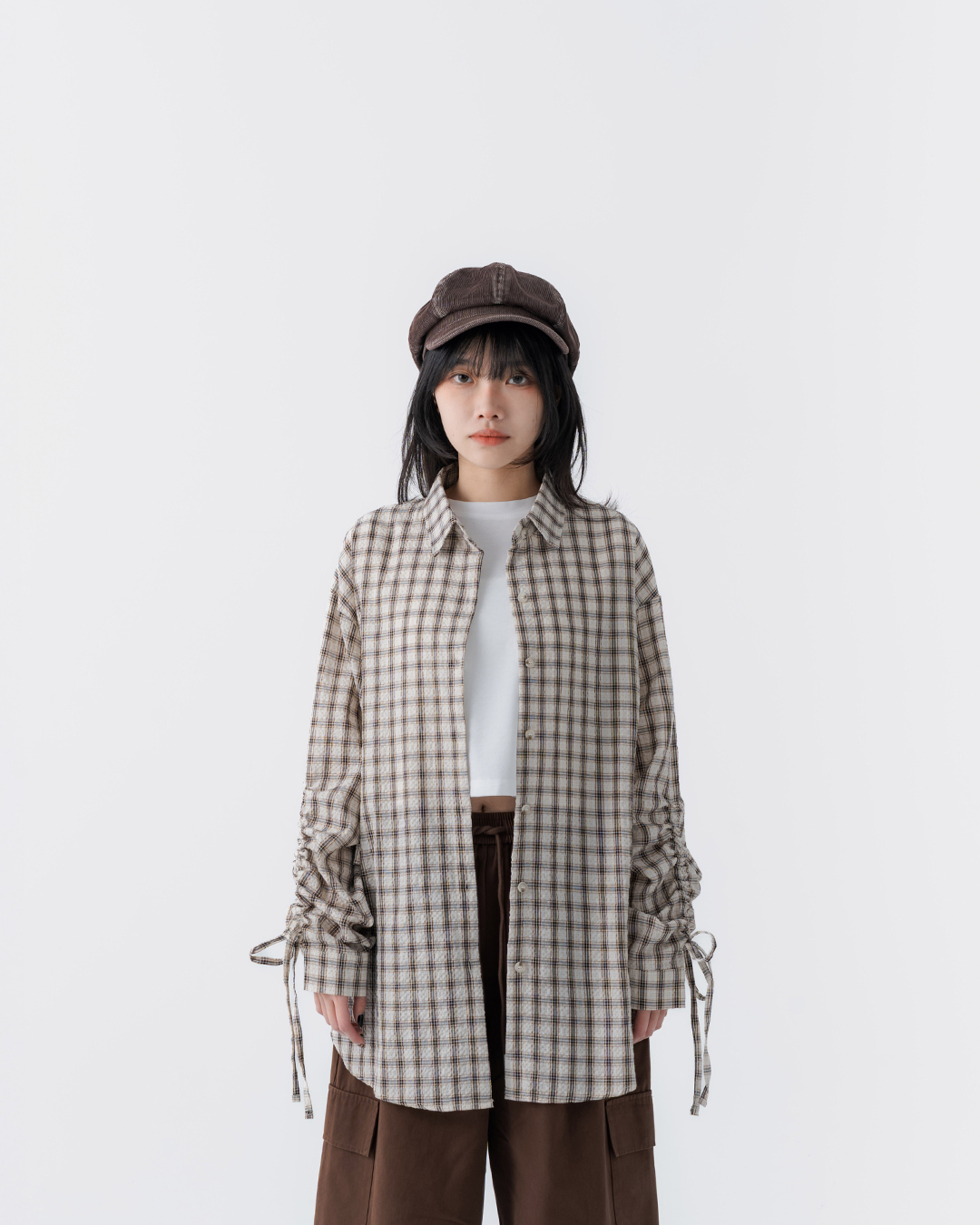 Checkered textured long-sleeved shirt with side ties and ruching, available in two colors.【01025740】in stock+pre-order