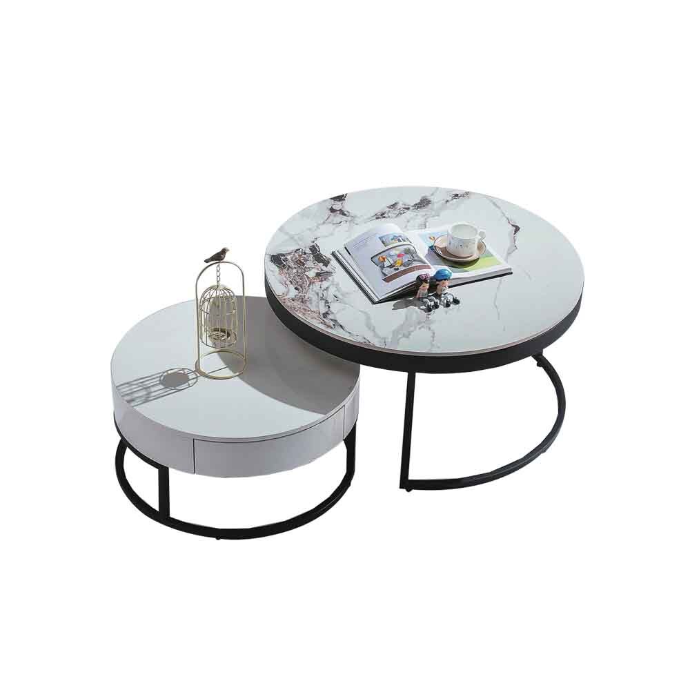 柏蒂家居-艾譜莉4.7尺石紋岩板圓型茶几組合(2.7尺大茶几+2尺一抽小茶几)