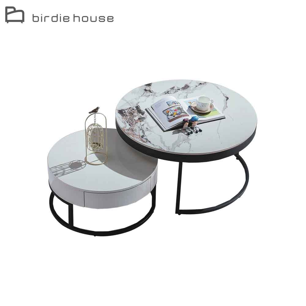 柏蒂家居-艾譜莉4.7尺石紋岩板圓型茶几組合(2.7尺大茶几+2尺一抽小茶几)