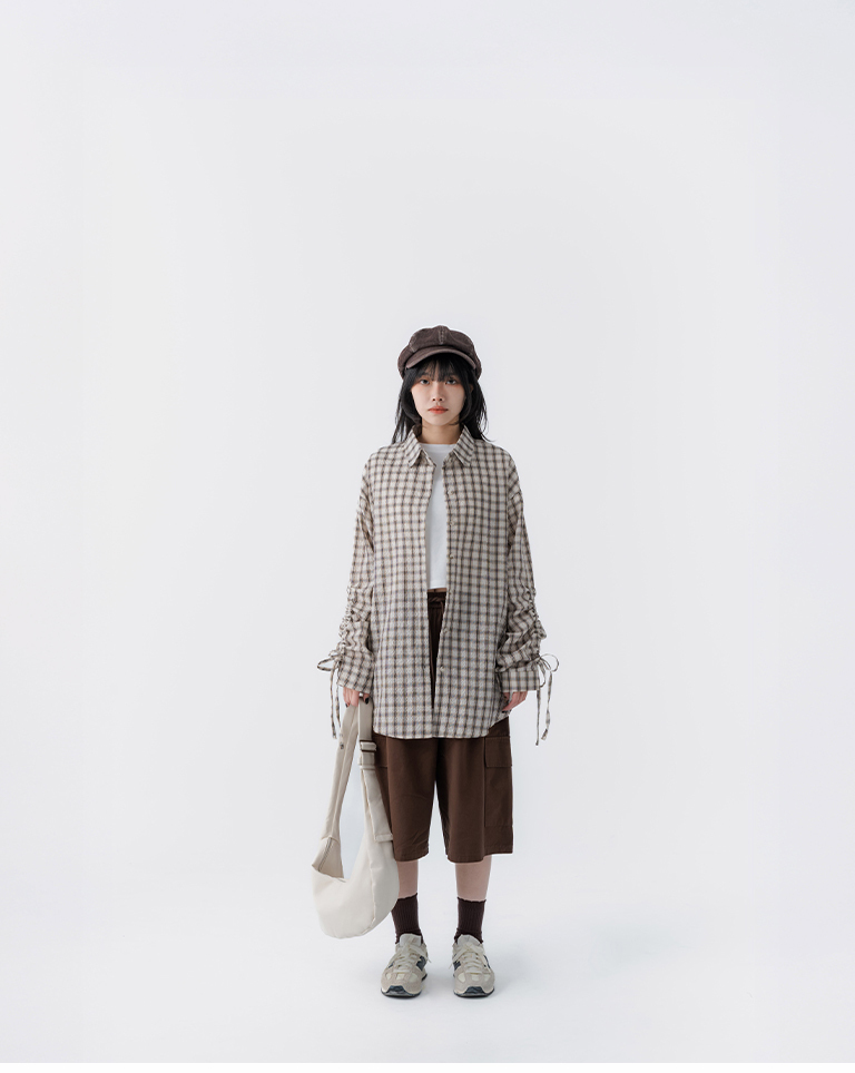 Checkered textured long-sleeved shirt with side ties and ruching, available in two colors.【01025740】in stock+pre-order