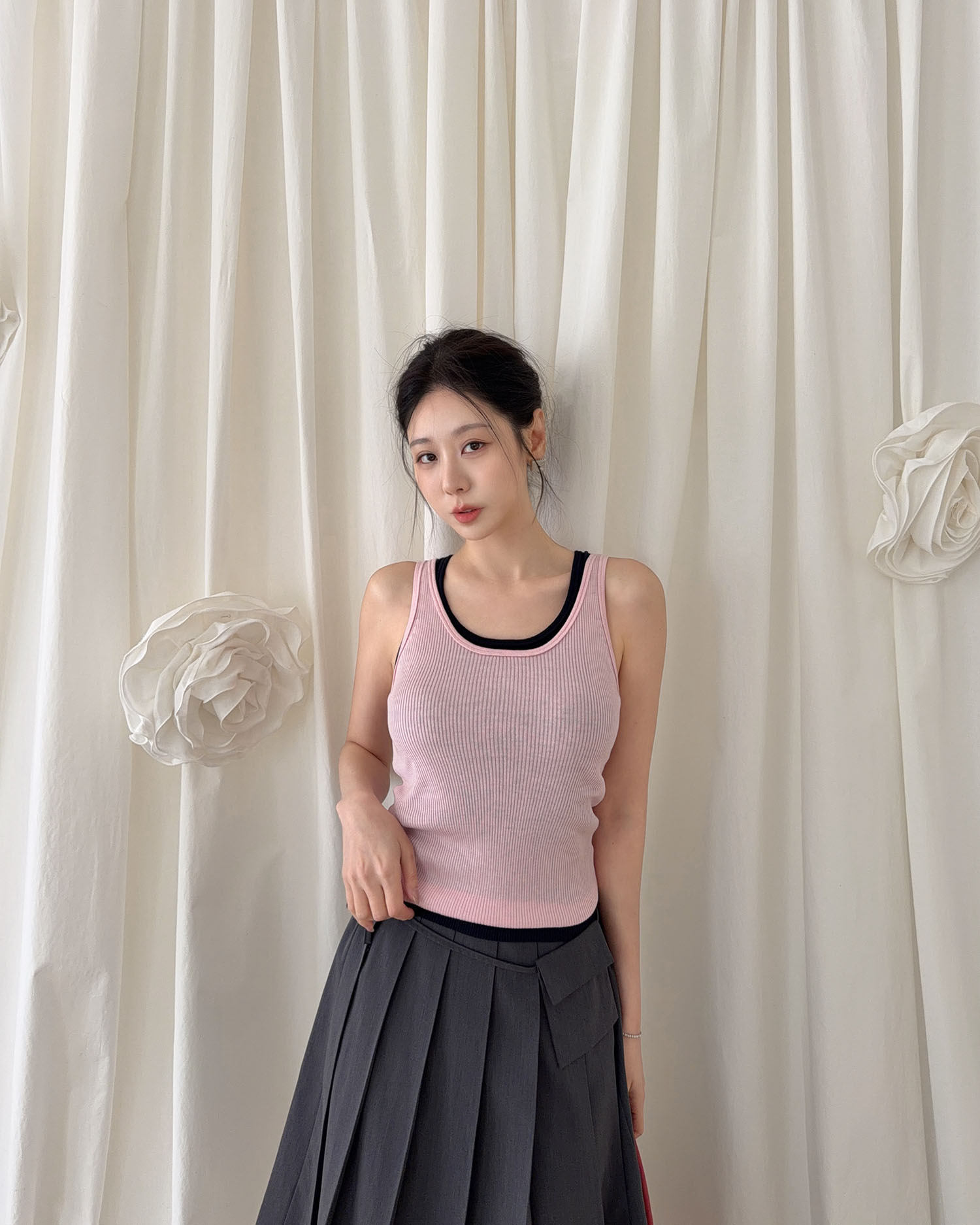 T4008 U領坑條背心 / 粉