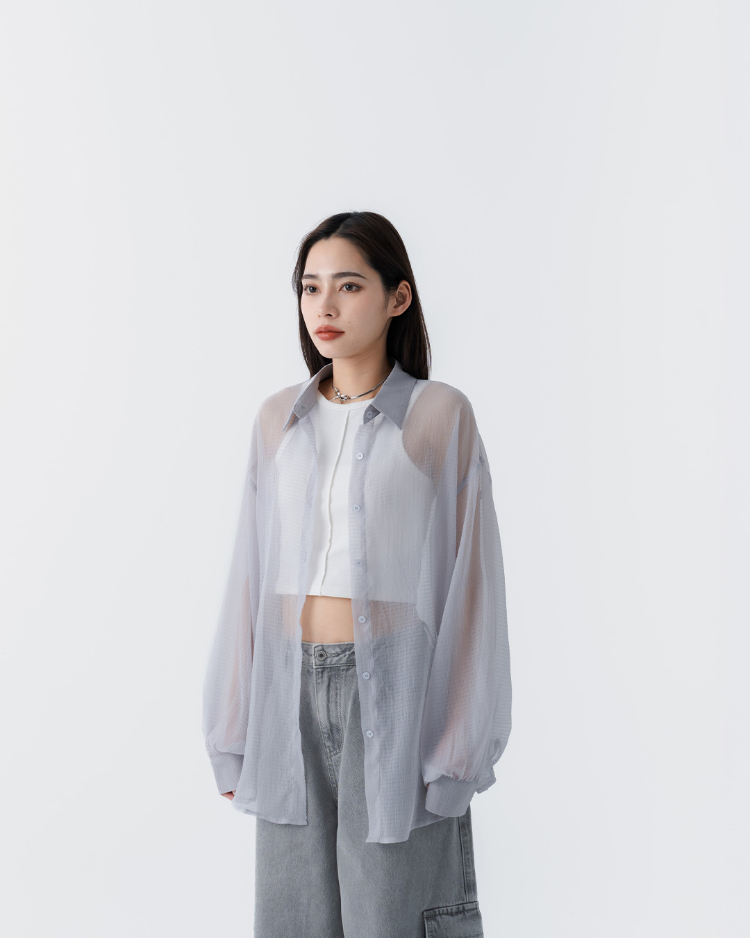 Finely pleated plaid textured sheer long-sleeved shirt, available in four colors.【01025743】in stock+pre-order