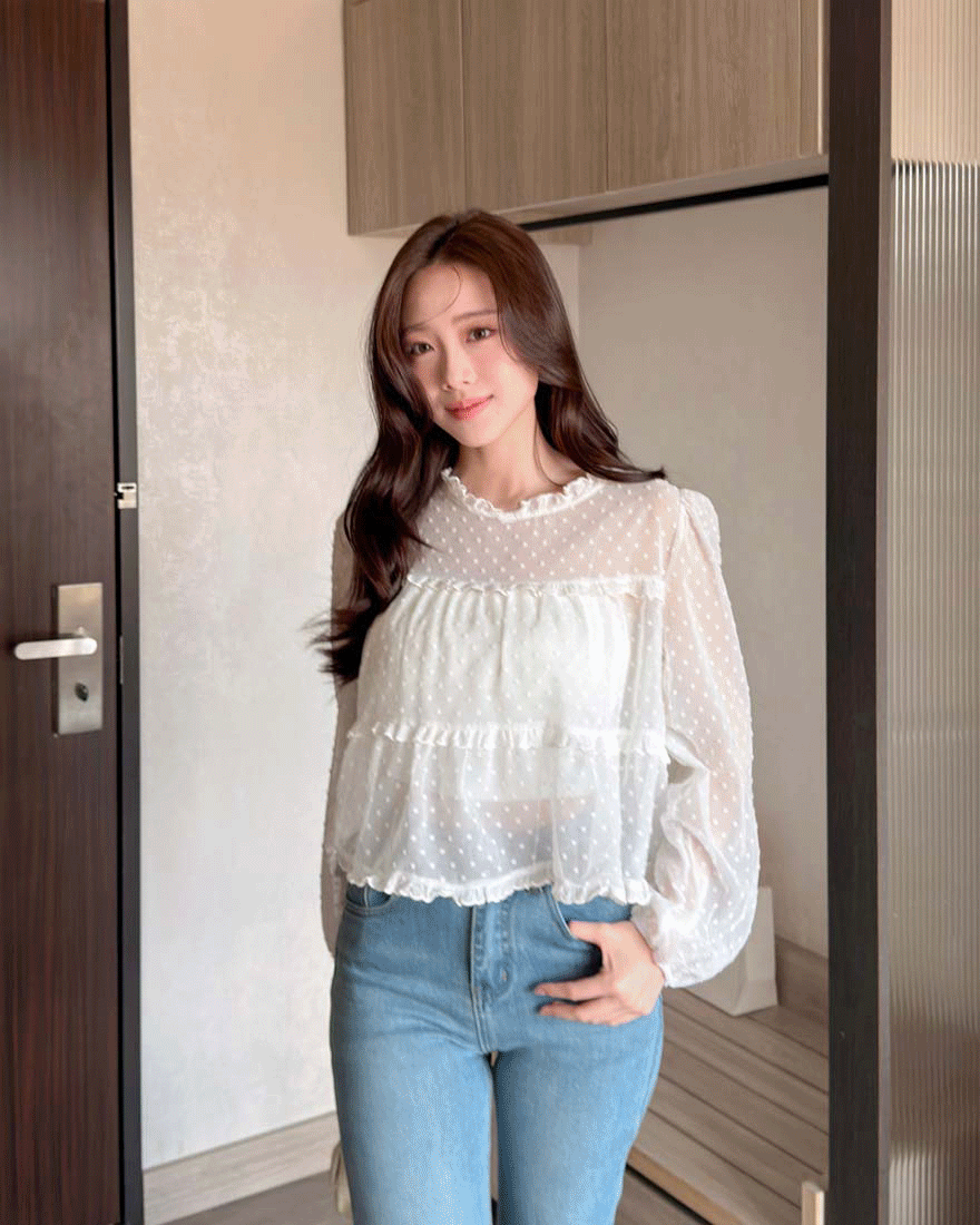 LINA LINA柔美微醺層次刺繡荷葉滾邊波點上衣-唯美白