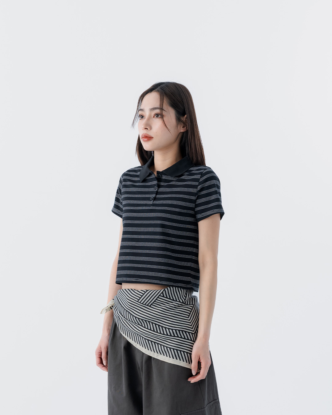 Striped polo collar cropped short-sleeved top, available in two colors, S/M.【01060069】in stock+pre-order