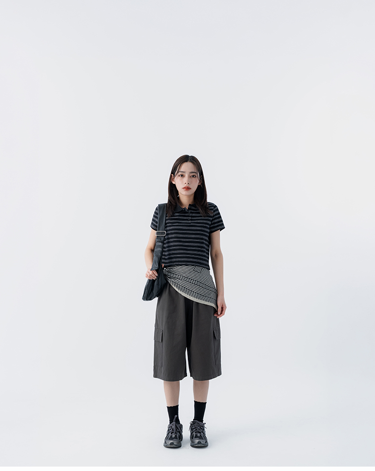 Striped polo collar cropped short-sleeved top, available in two colors, S/M.【01060069】in stock+pre-order