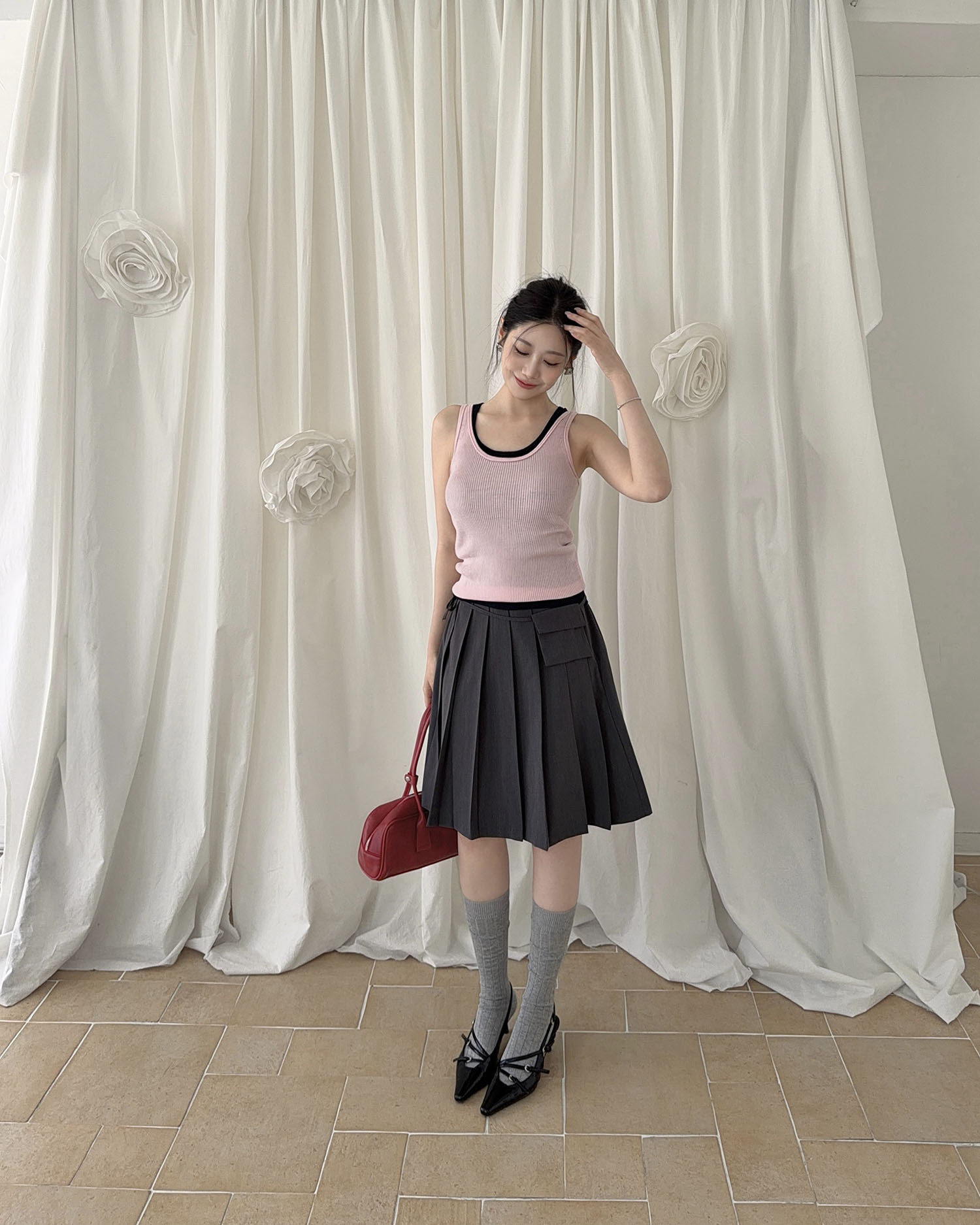 B4018 百摺西裝中裙(附小包) / 深灰