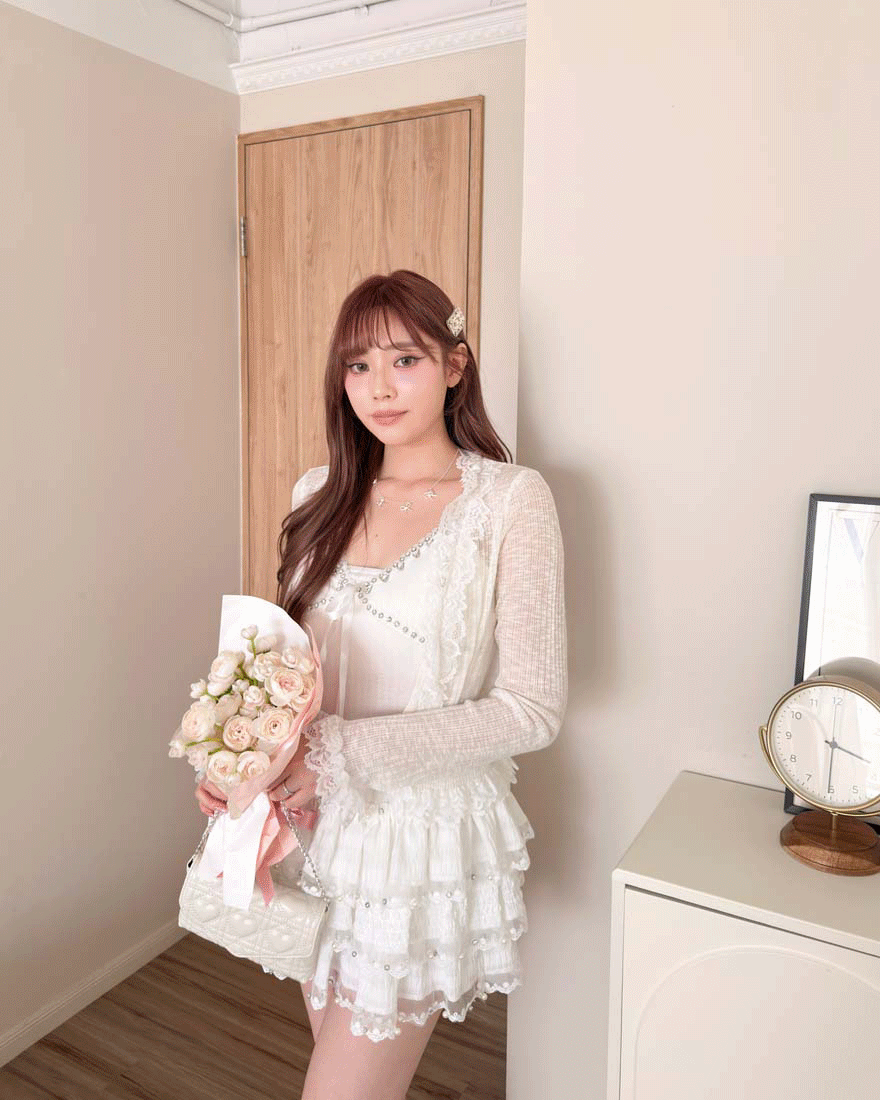 LINA LINA華美依戀蕾絲外套+鑽石背心兩件組-奶白