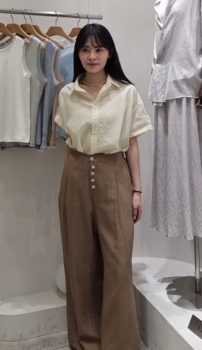 GI6040 棉麻人造絲條紋排扣長褲