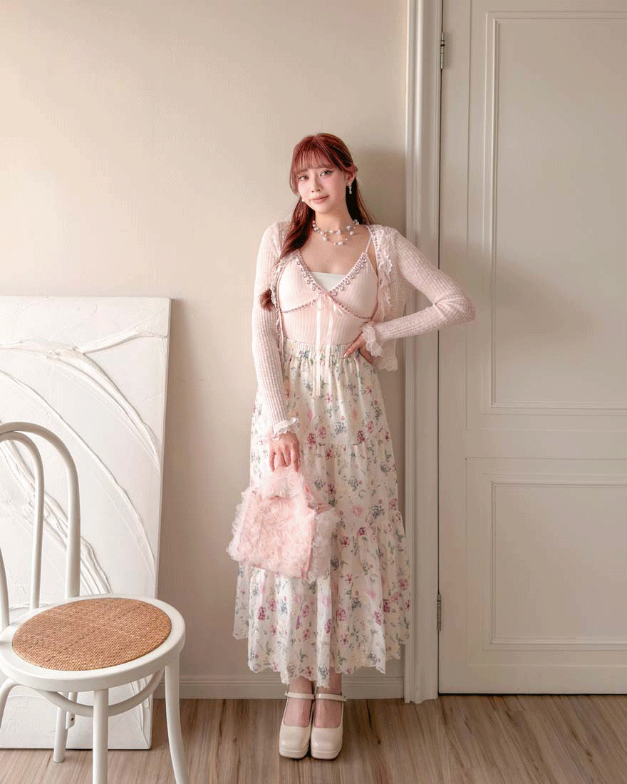 LINA LINA華美依戀蕾絲外套+鑽石背心兩件組-淡粉