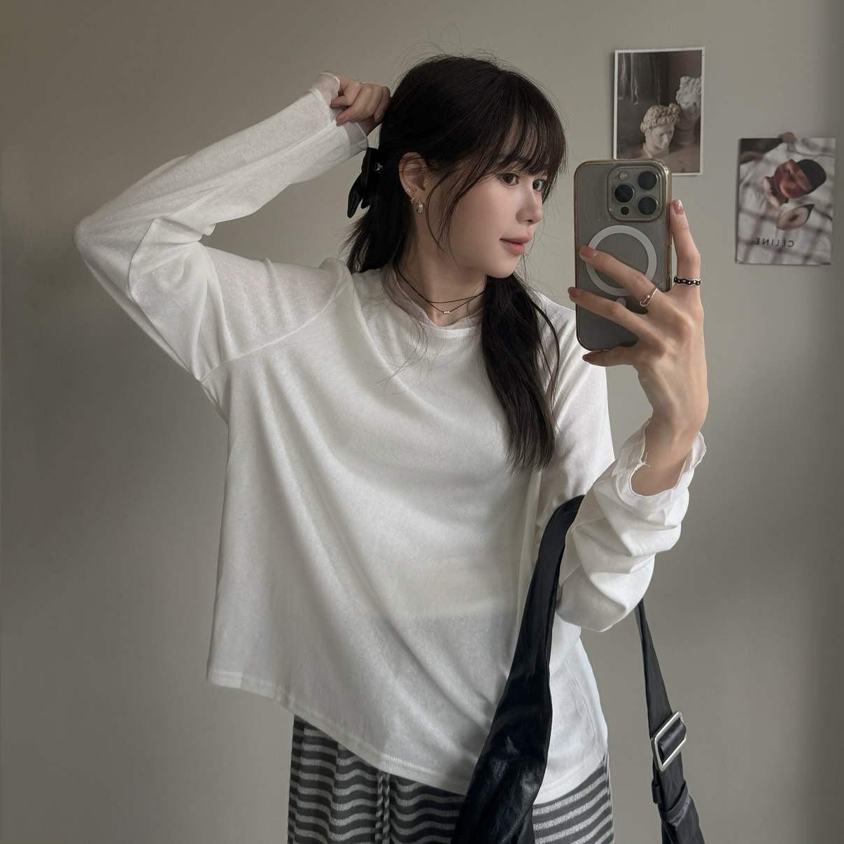 拼接紗後釦薄長袖