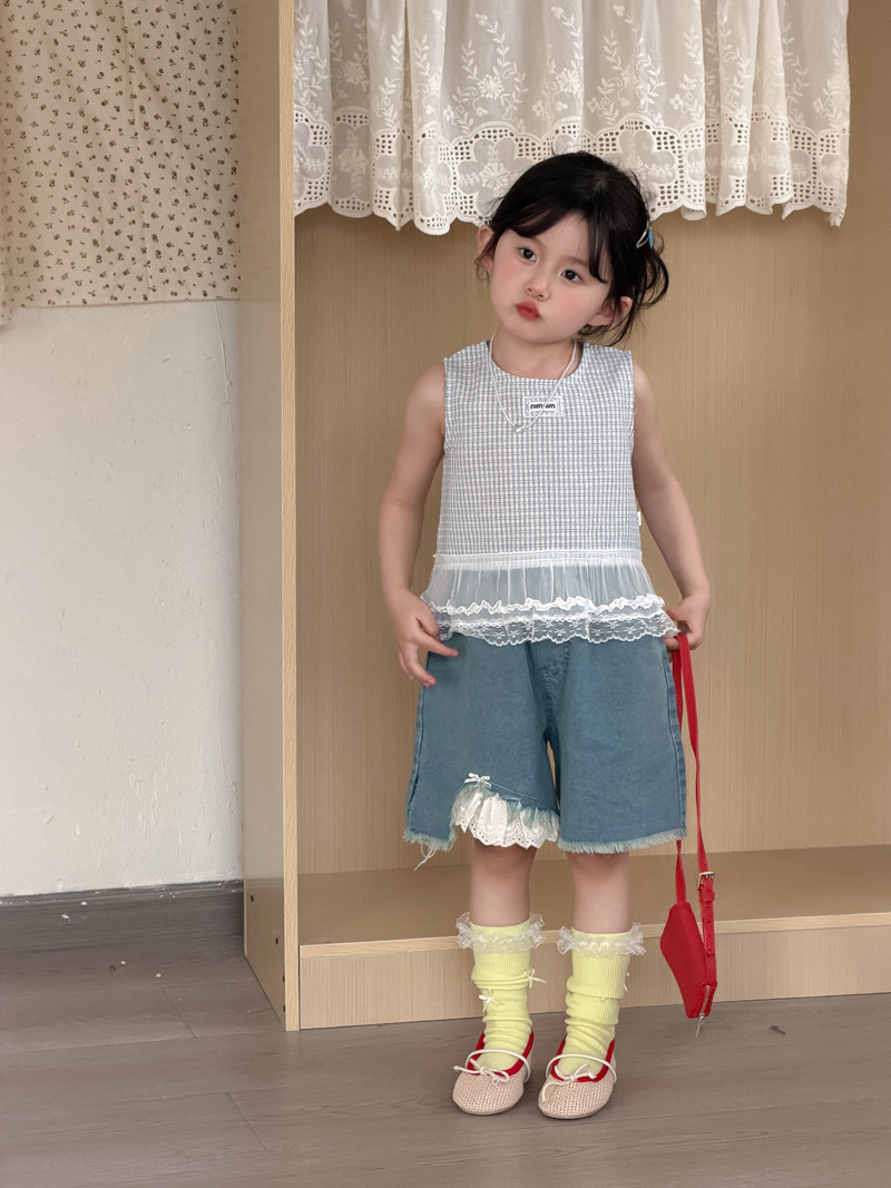 【H0621】蕾絲花邊格子無袖背心(90-140)