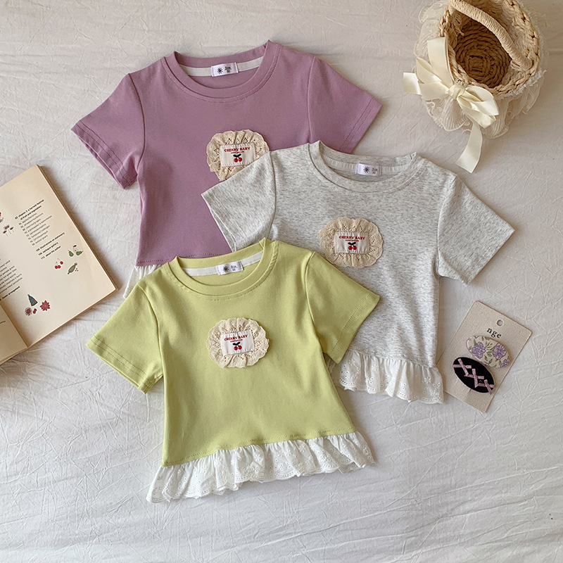 任選兩件$400【H0624】蕾絲花邊刺繡櫻桃logo短袖上衣(90-140)