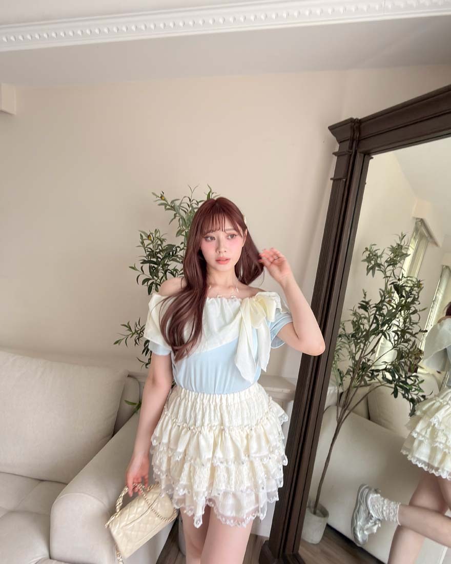 LINA LINA優雅香頌拼色蝴蝶結一字領上衣-清新藍