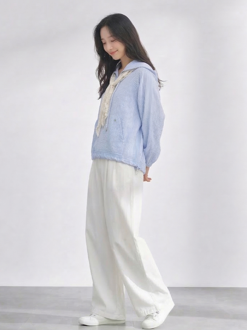 直條紋半開襟連帽上衣跳色配釦剪接寬褲組合