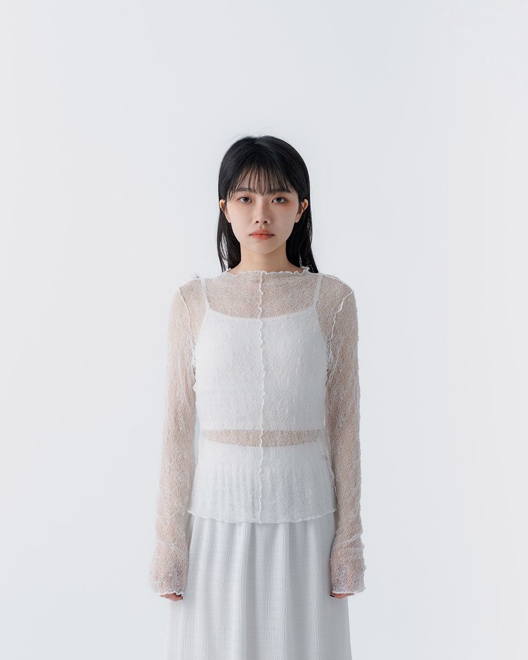 Lace jacquard sheer ruffled long-sleeved top - white【01099497】in stock+pre-order